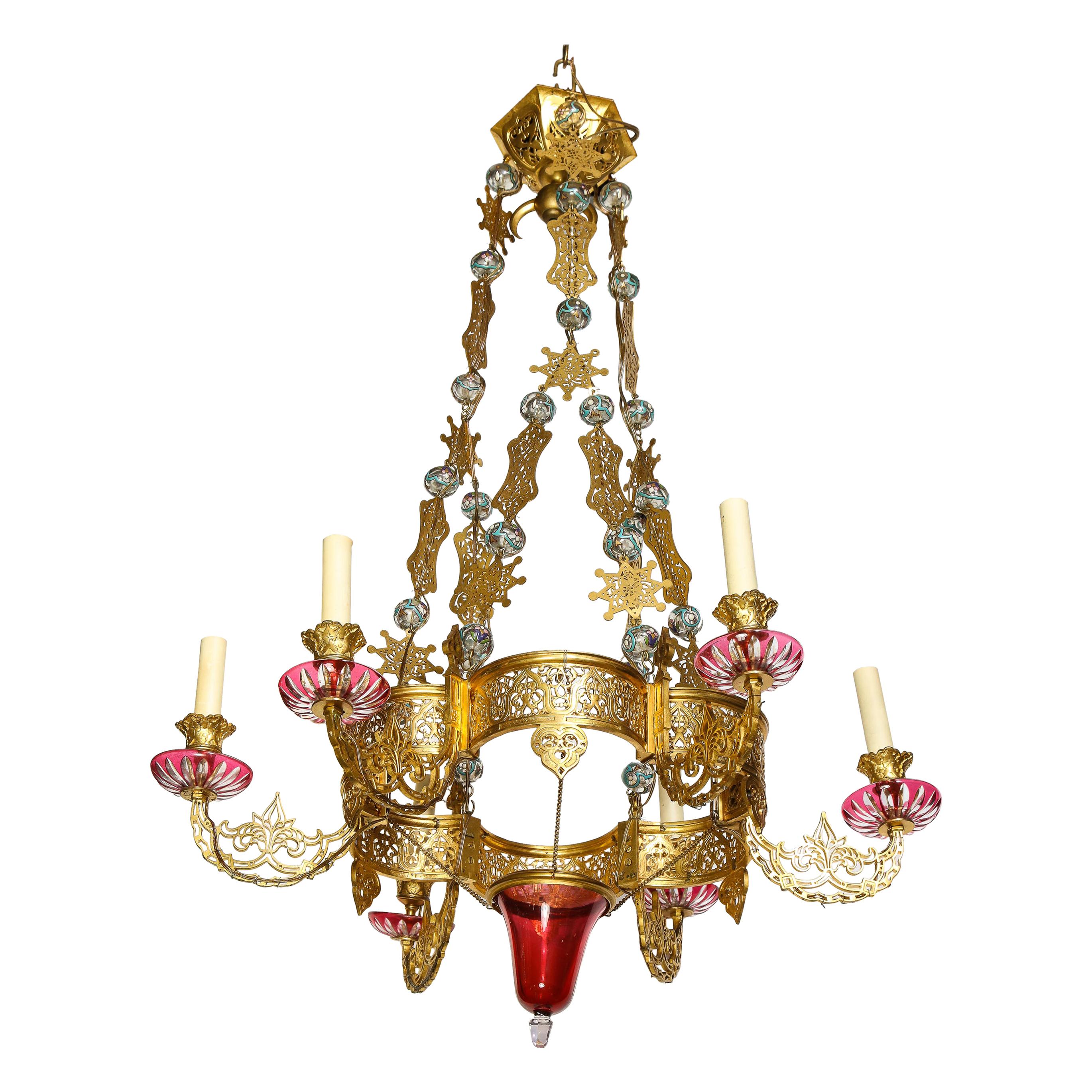 Exceptional and Rare Islamic Alhambra Bronze and Enameled Glass Chandelier For Sale