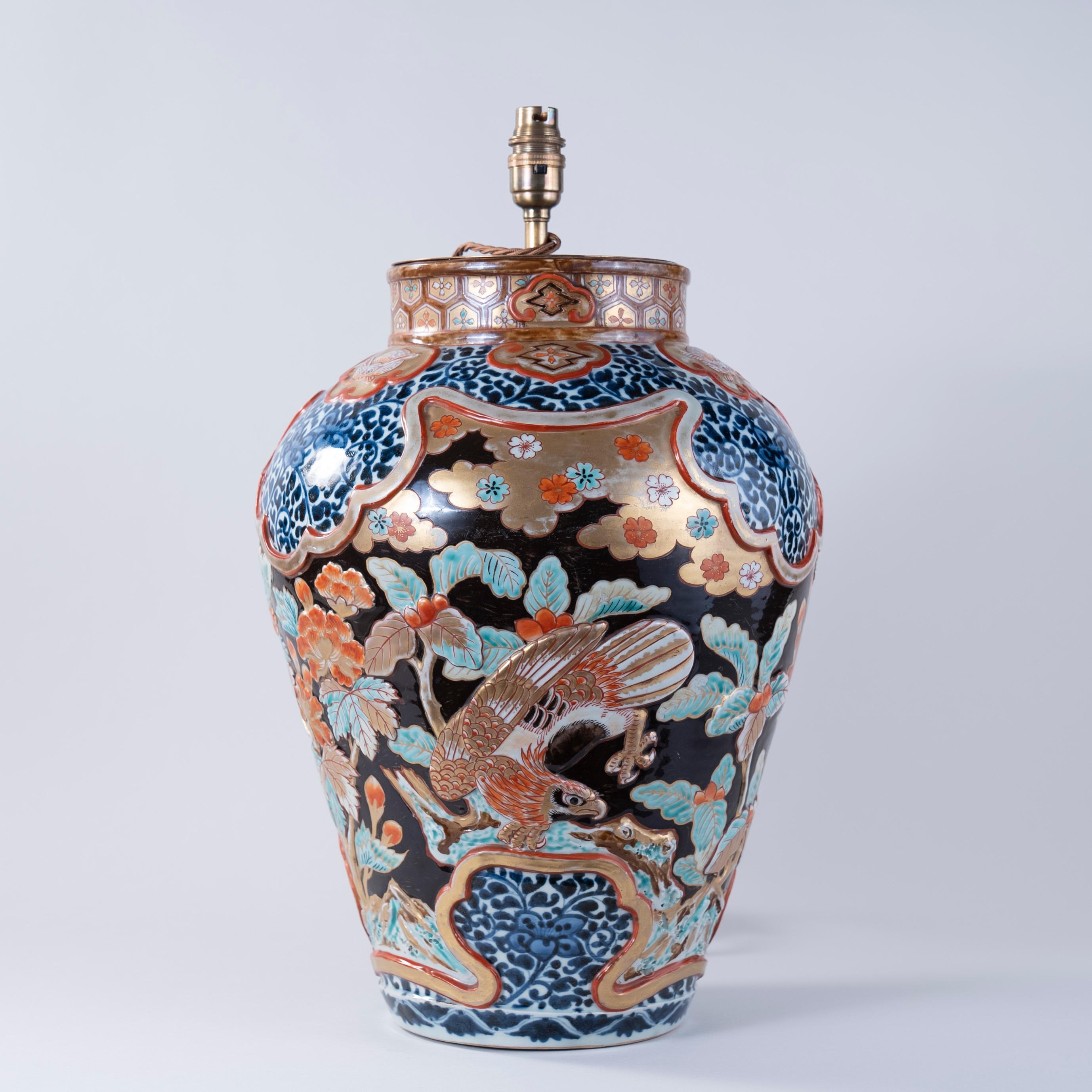 Exceptional and Rare Japanese Imari Vase with Raised Decoration, Lamped In Excellent Condition In London, GB