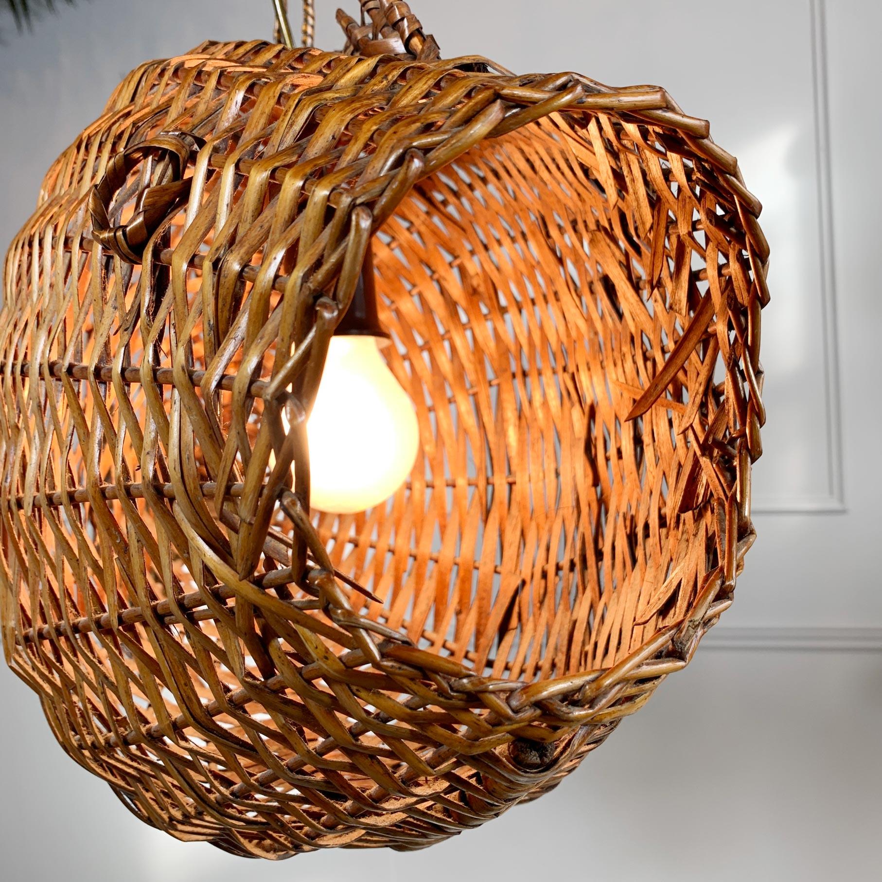 Exceptional and Rare Mid Century French Wicker Fish Ceiling Light 3