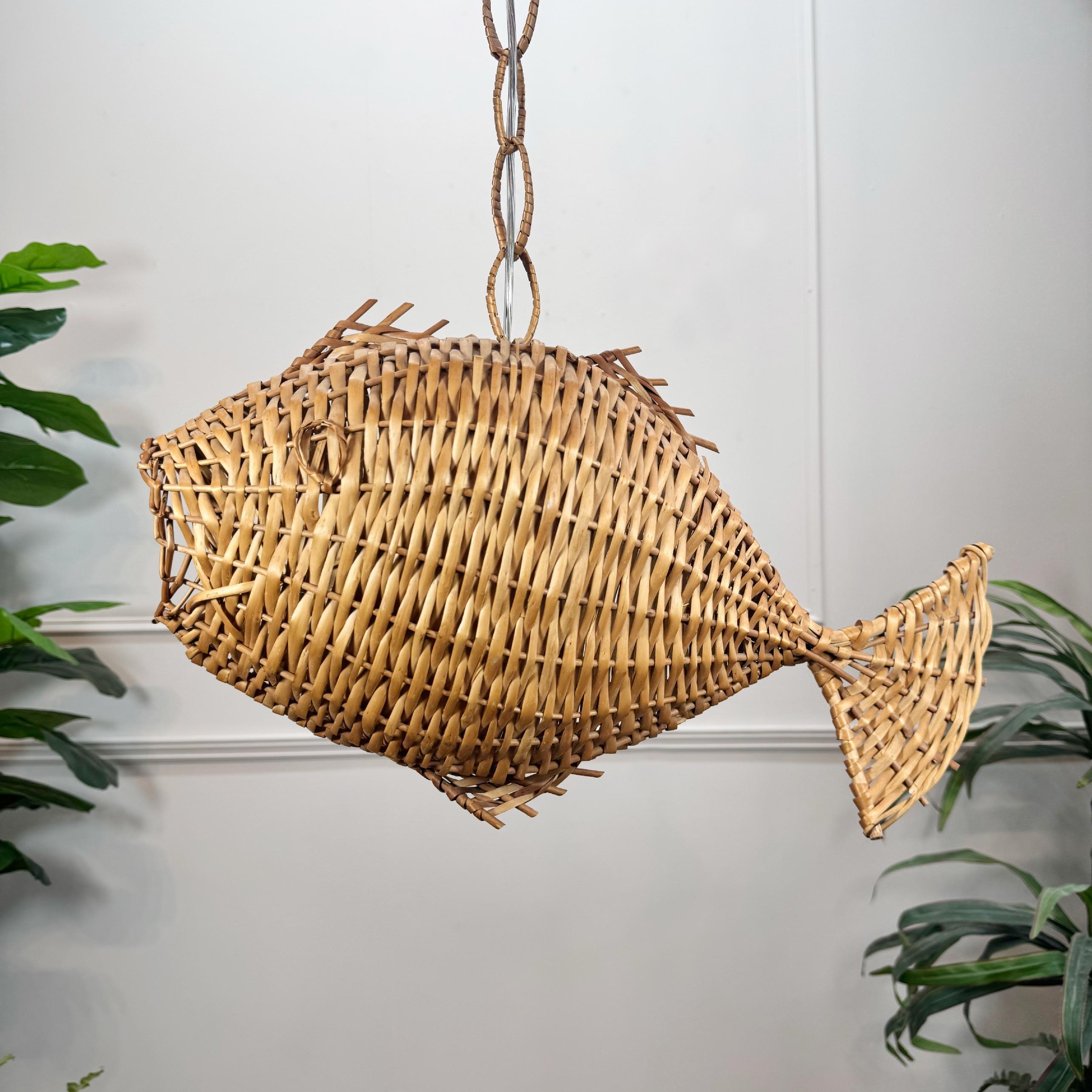 Exceptional and Rare Mid Century French Wicker Fish Ceiling Light 4