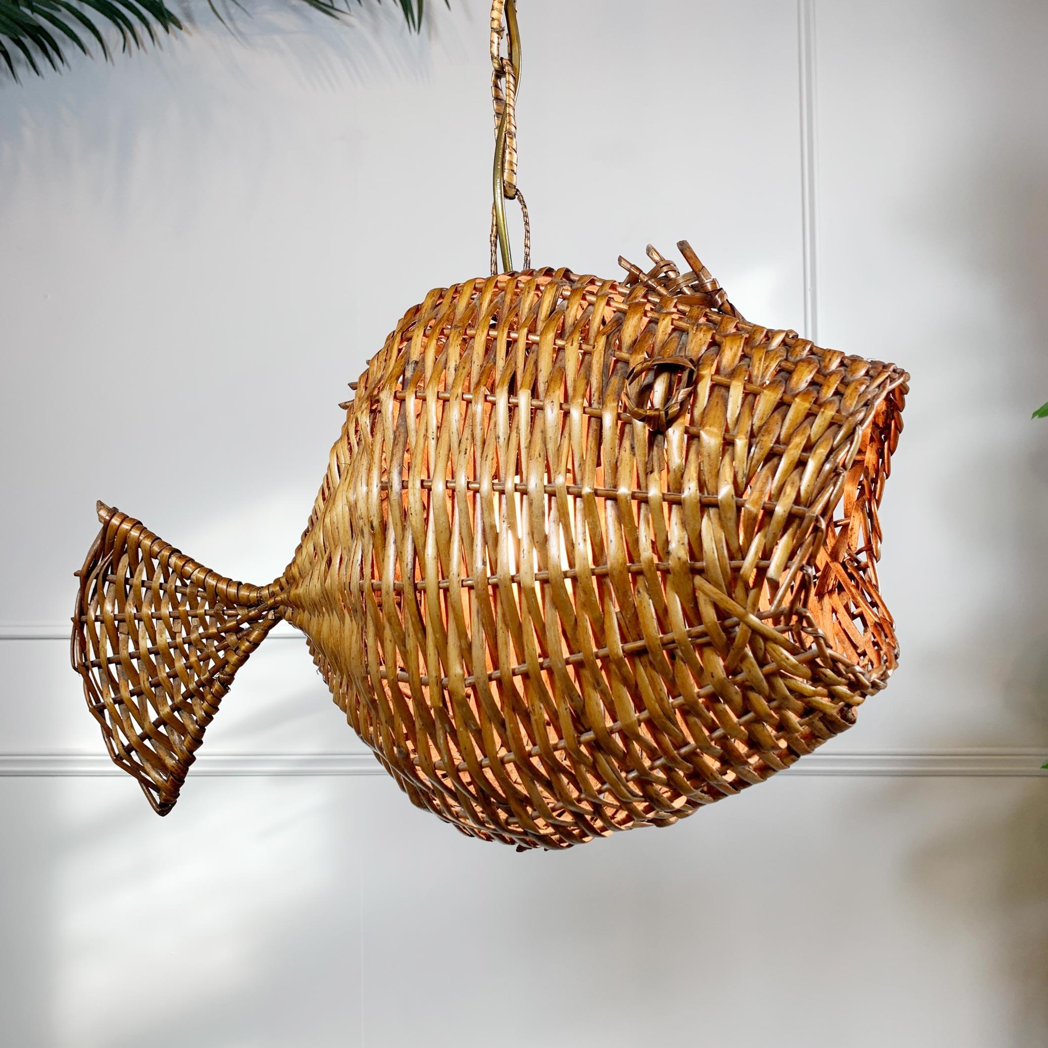 Exceptional and Rare Mid Century French Wicker Fish Ceiling Light 4