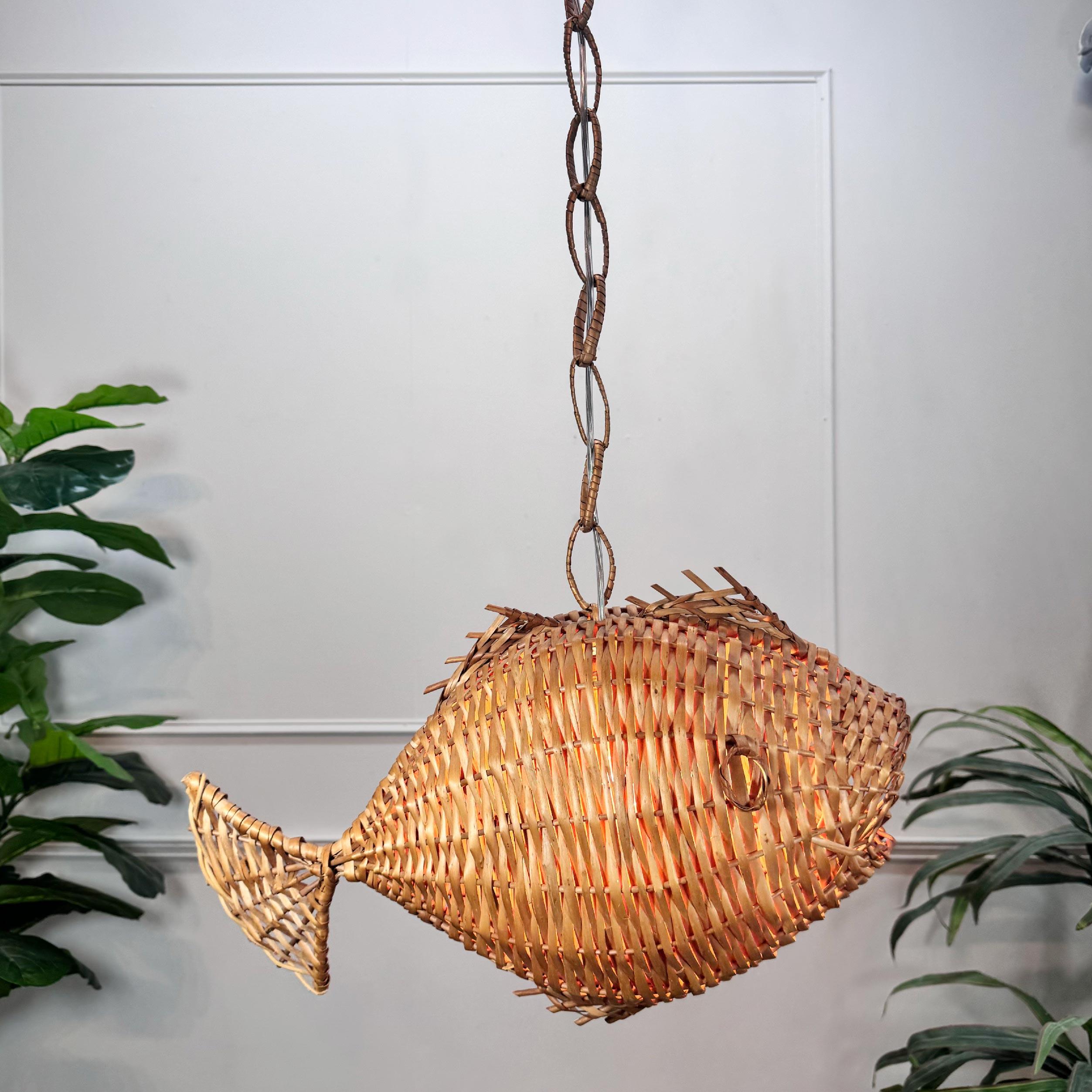 Exceptional and Rare Mid Century French Wicker Fish Ceiling Light 5