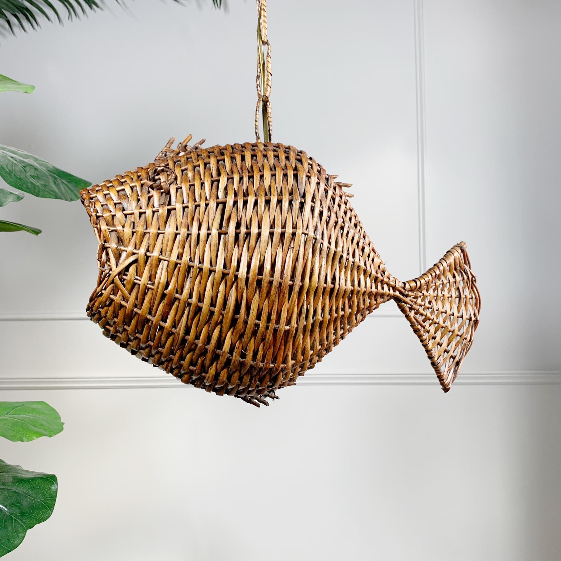 Exceptional and Rare Mid Century French Wicker Fish Ceiling Light 6