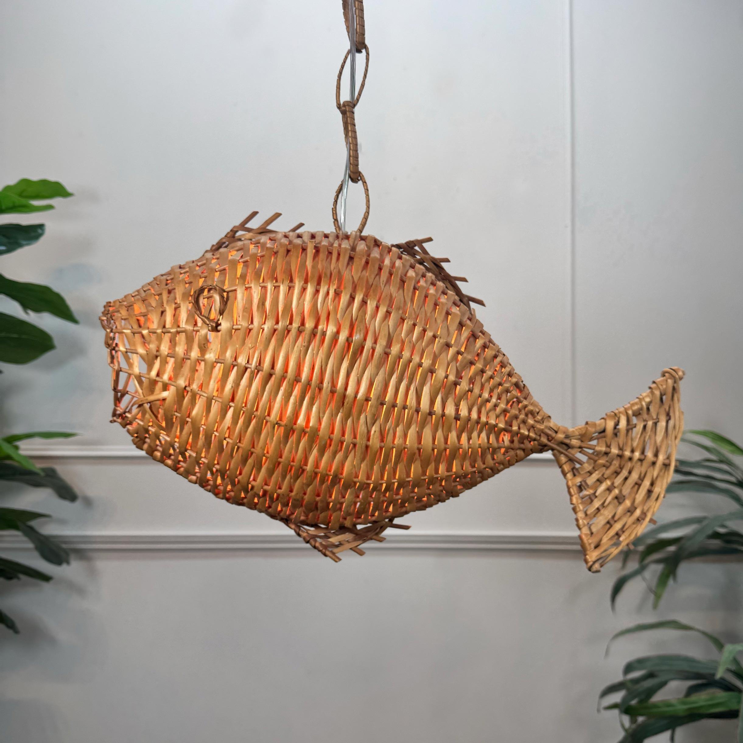 Exceptional and Rare Mid Century French Wicker Fish Ceiling Light 7
