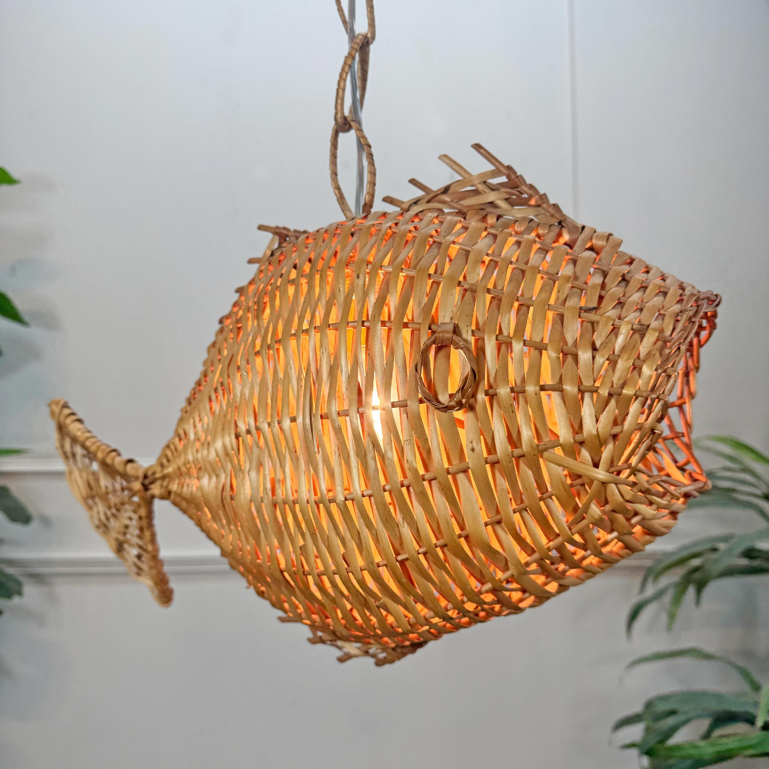 Exceptional and Rare Mid Century French Wicker Fish Ceiling Light 8