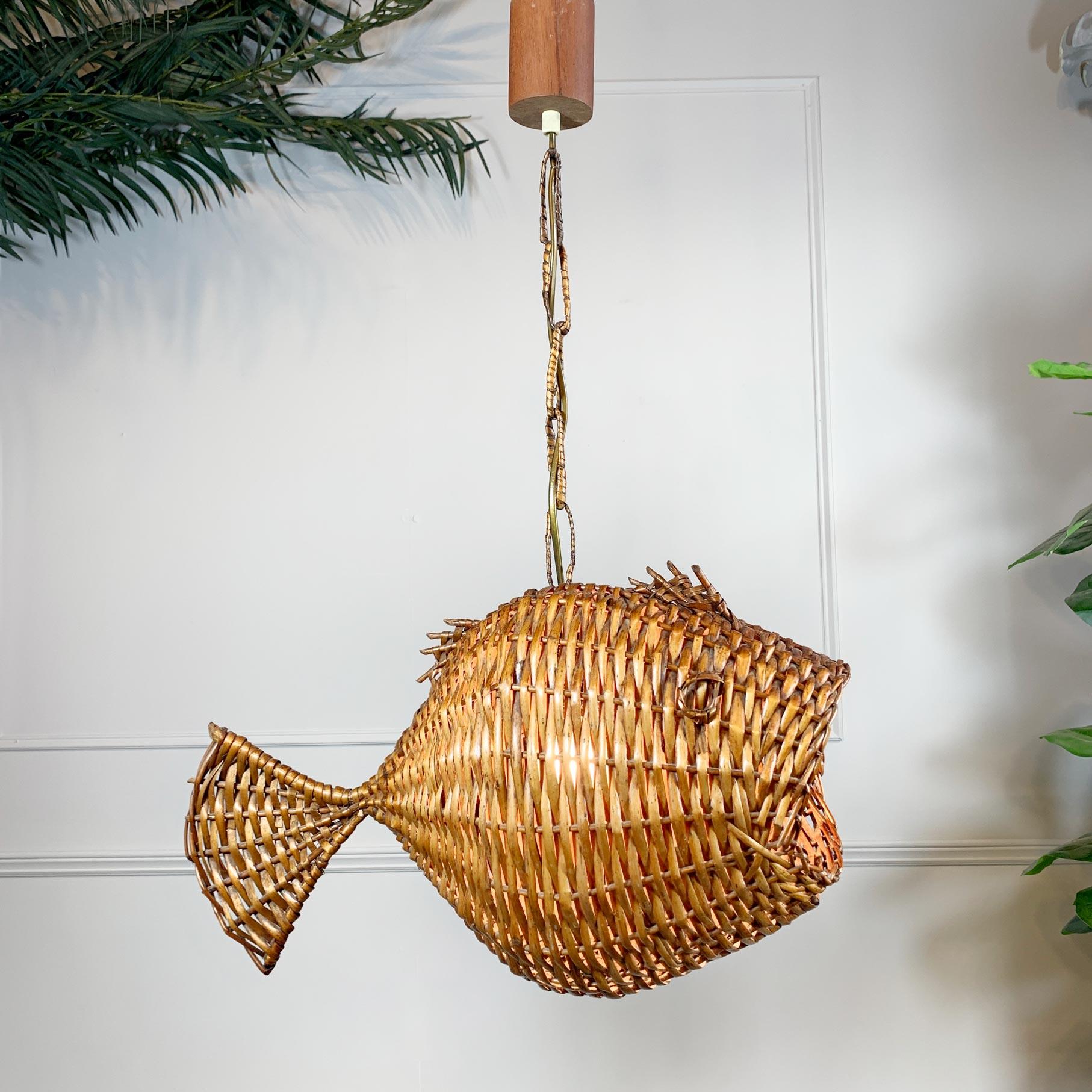 Exceptional and Rare Mid Century French Wicker Fish Ceiling Light 8