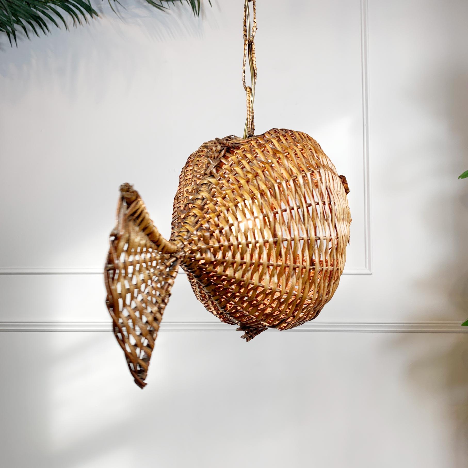 Exceptional and Rare Mid Century French Wicker Fish Ceiling Light 9