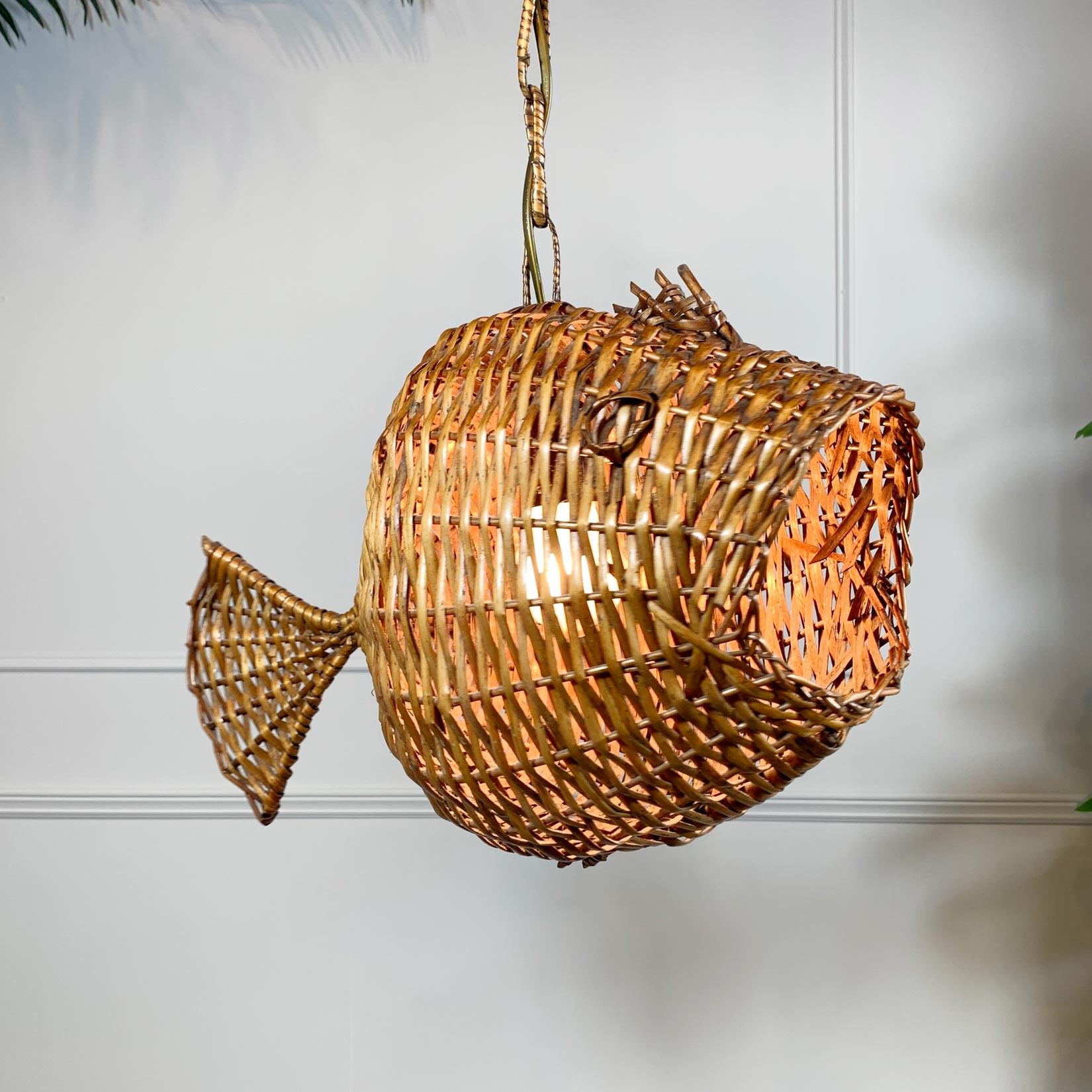 Exceptional and Rare Mid Century French Wicker Fish Ceiling Light 10