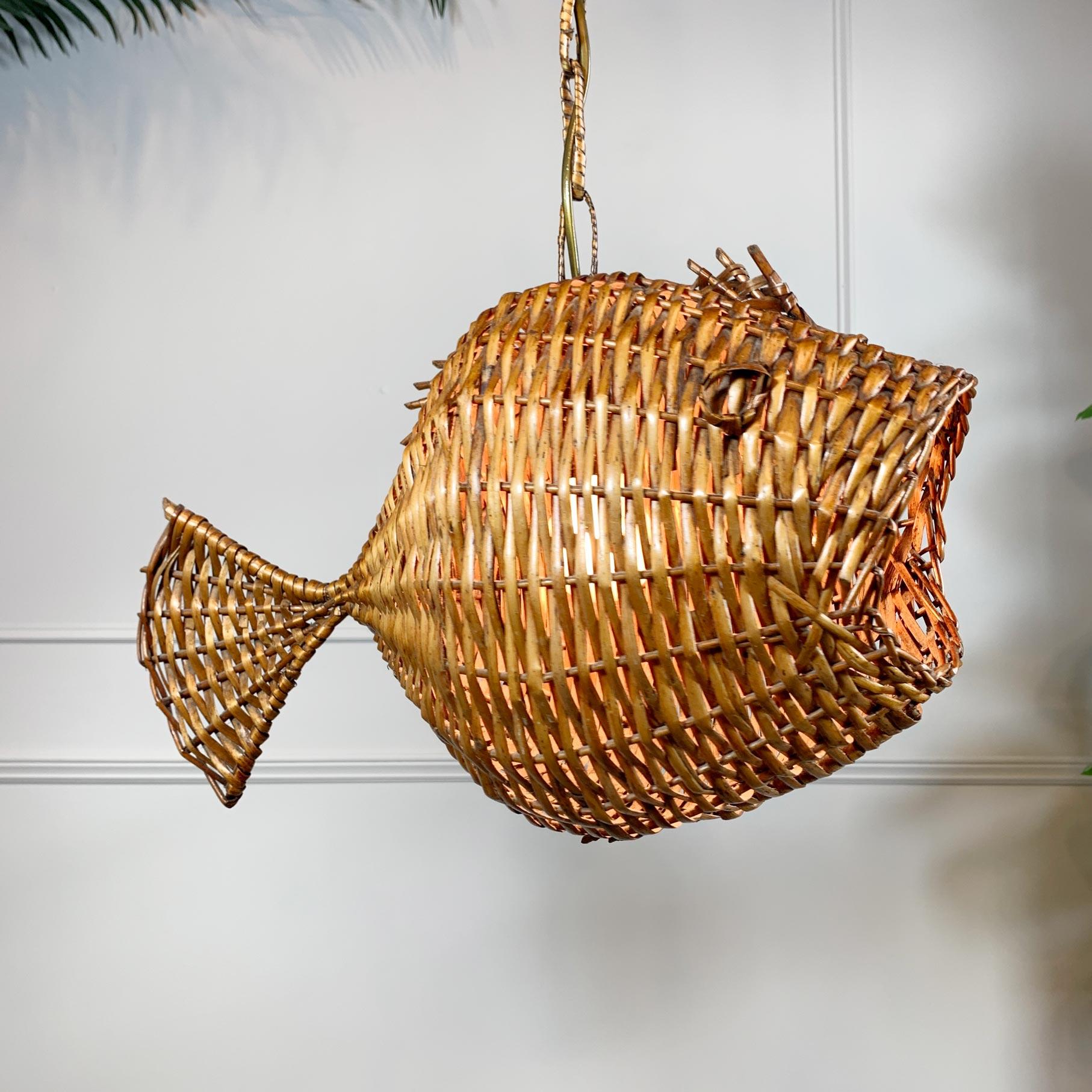 Exceptional and Rare Mid Century French Wicker Fish Ceiling Light 11