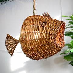 Exceptional and Rare Mid Century French Wicker Fish Ceiling Light