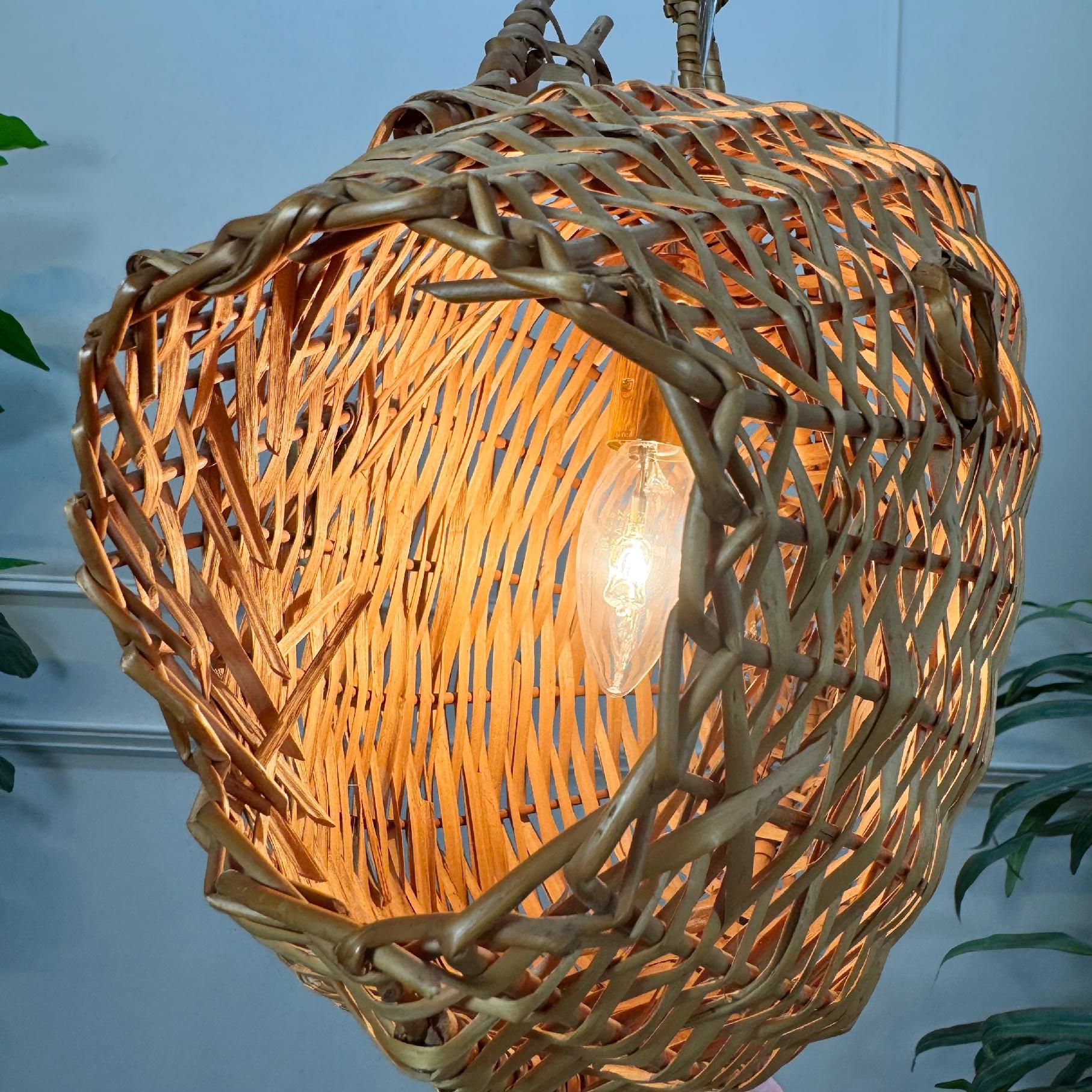 Bohemian Exceptional and Rare Mid Century French Wicker Fish Ceiling Light
