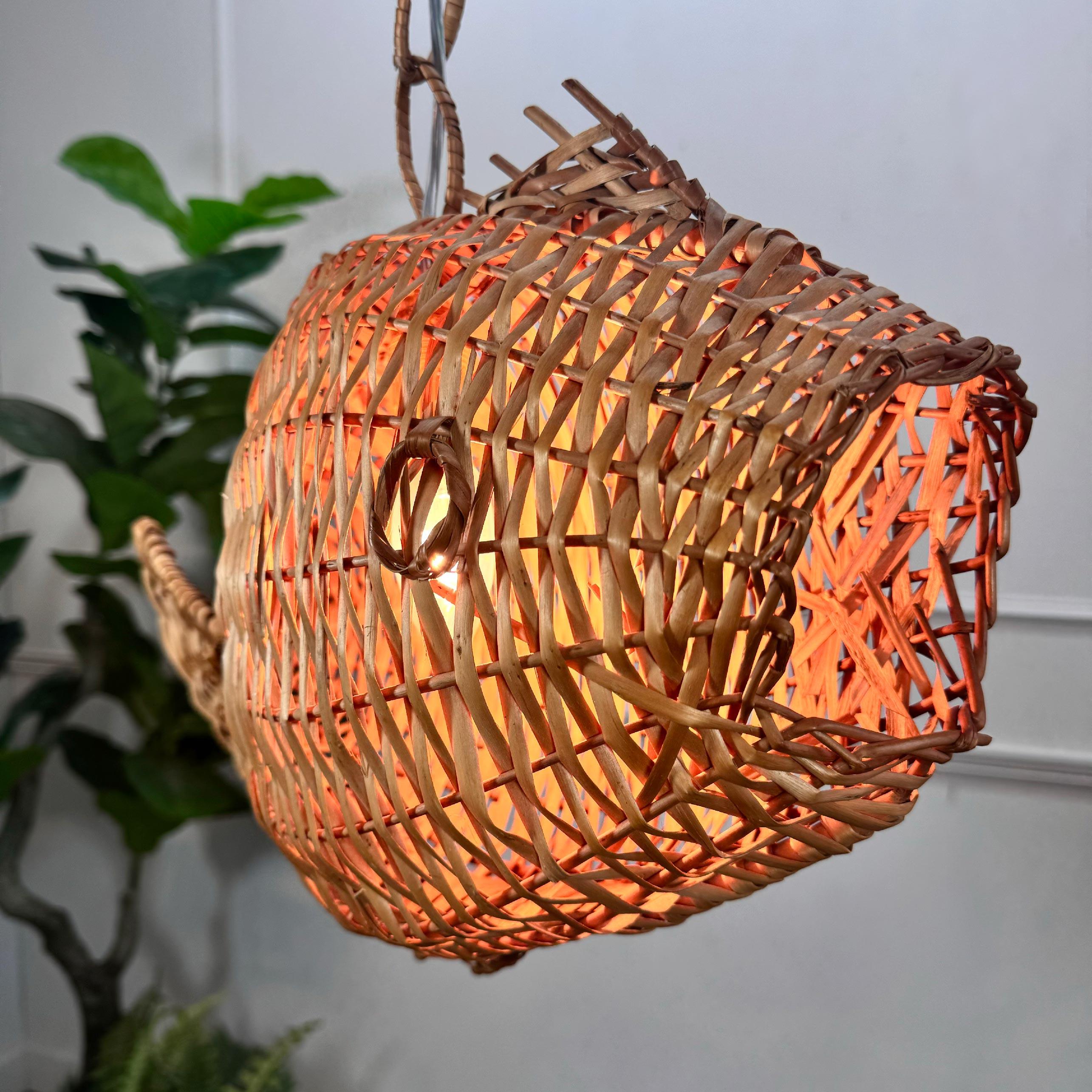 Hand-Crafted Exceptional and Rare Mid Century French Wicker Fish Ceiling Light