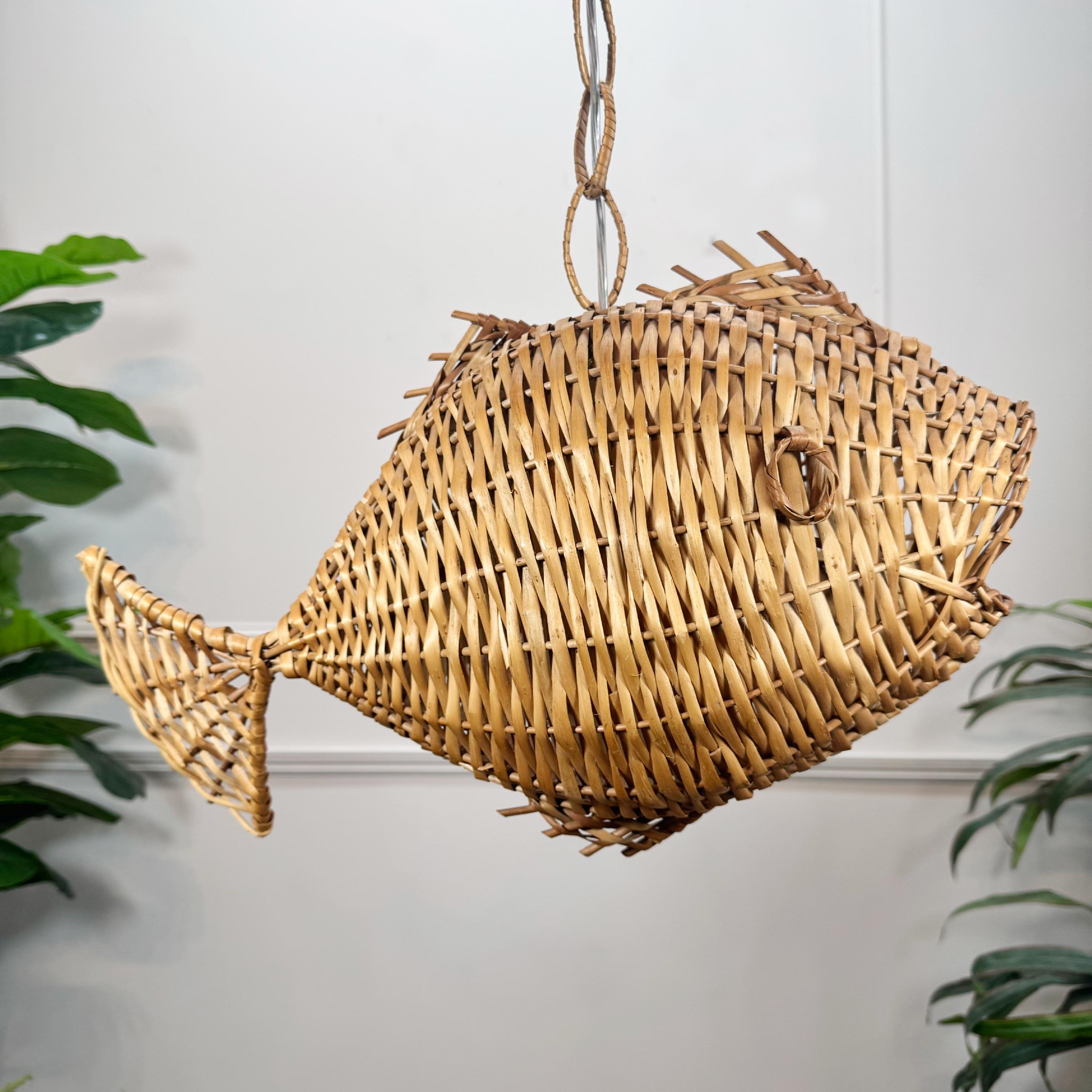 Exceptional and Rare Mid Century French Wicker Fish Ceiling Light In Good Condition In Hastings, GB