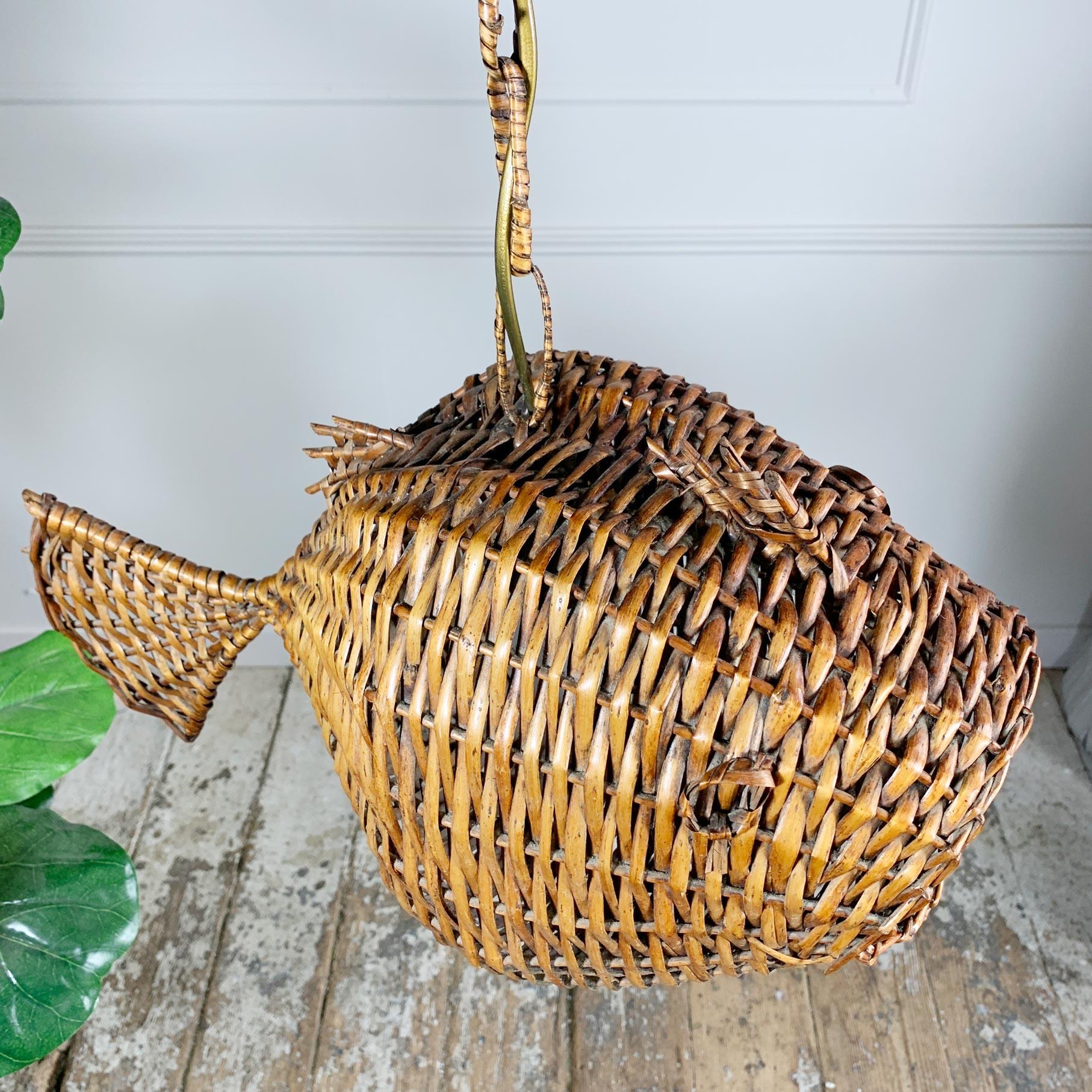 Exceptional and Rare Mid Century French Wicker Fish Ceiling Light In Good Condition In Hastings, GB