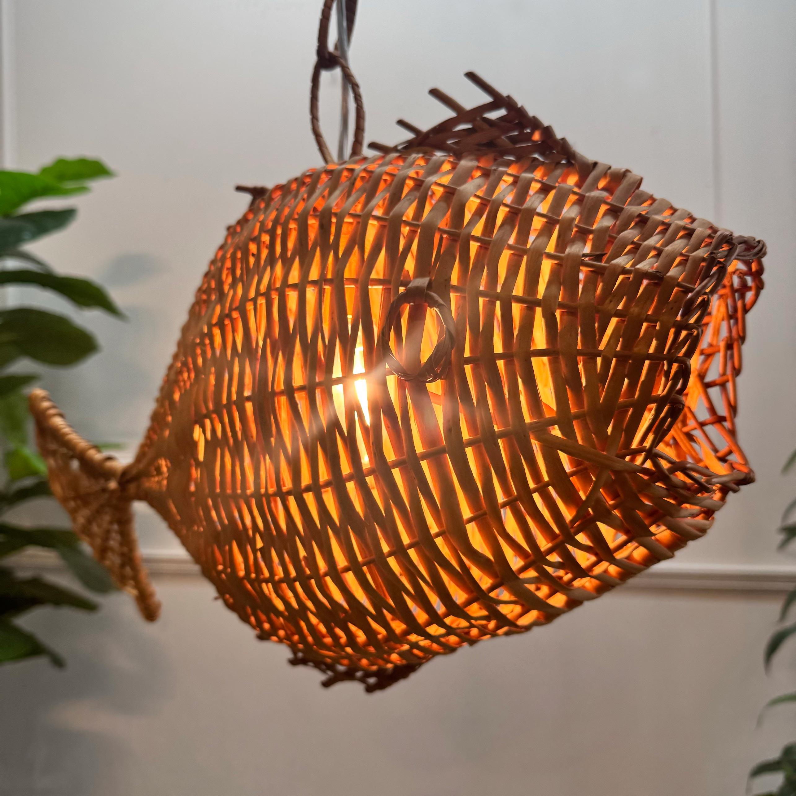 Mid-20th Century Exceptional and Rare Mid Century French Wicker Fish Ceiling Light