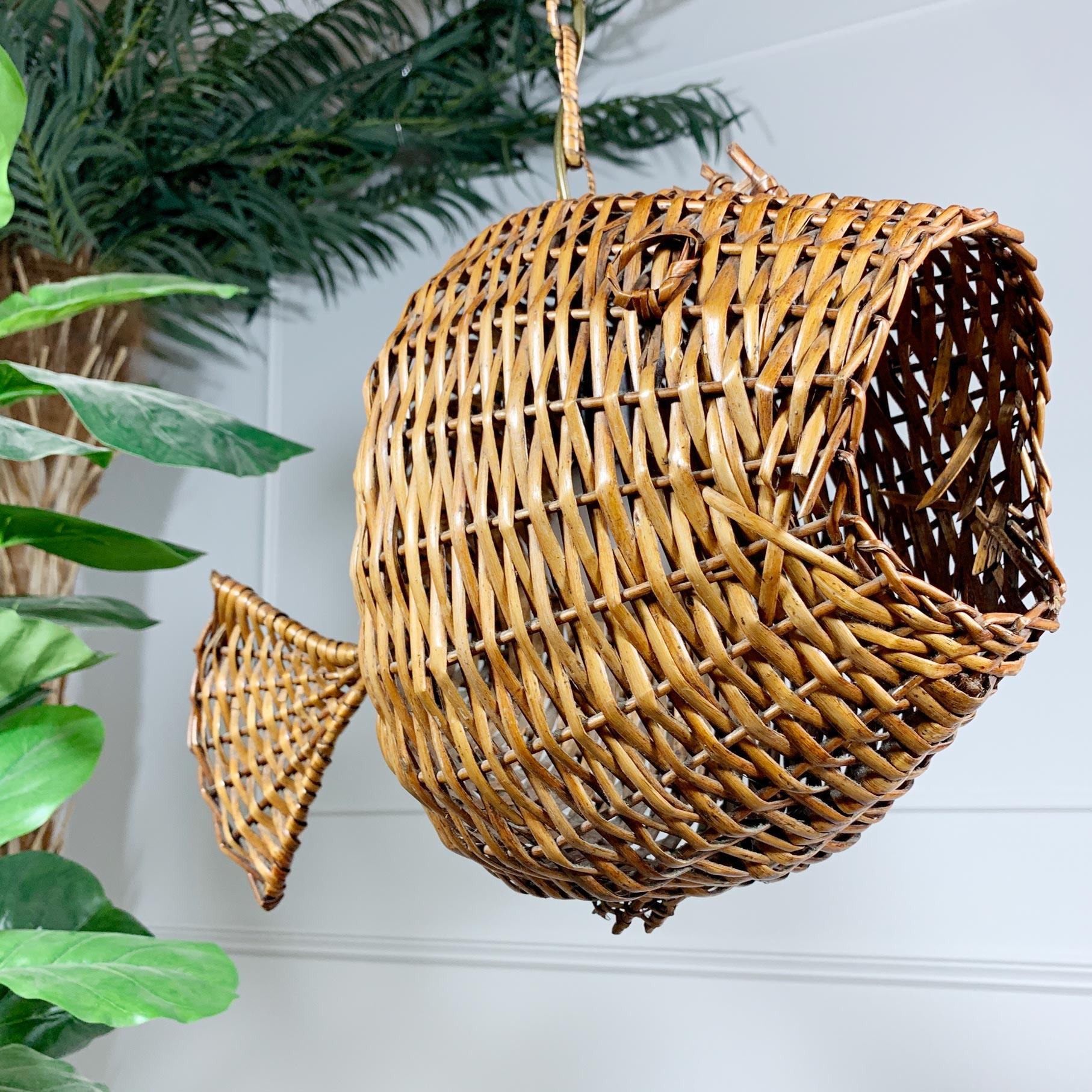 20th Century Exceptional and Rare Mid Century French Wicker Fish Ceiling Light