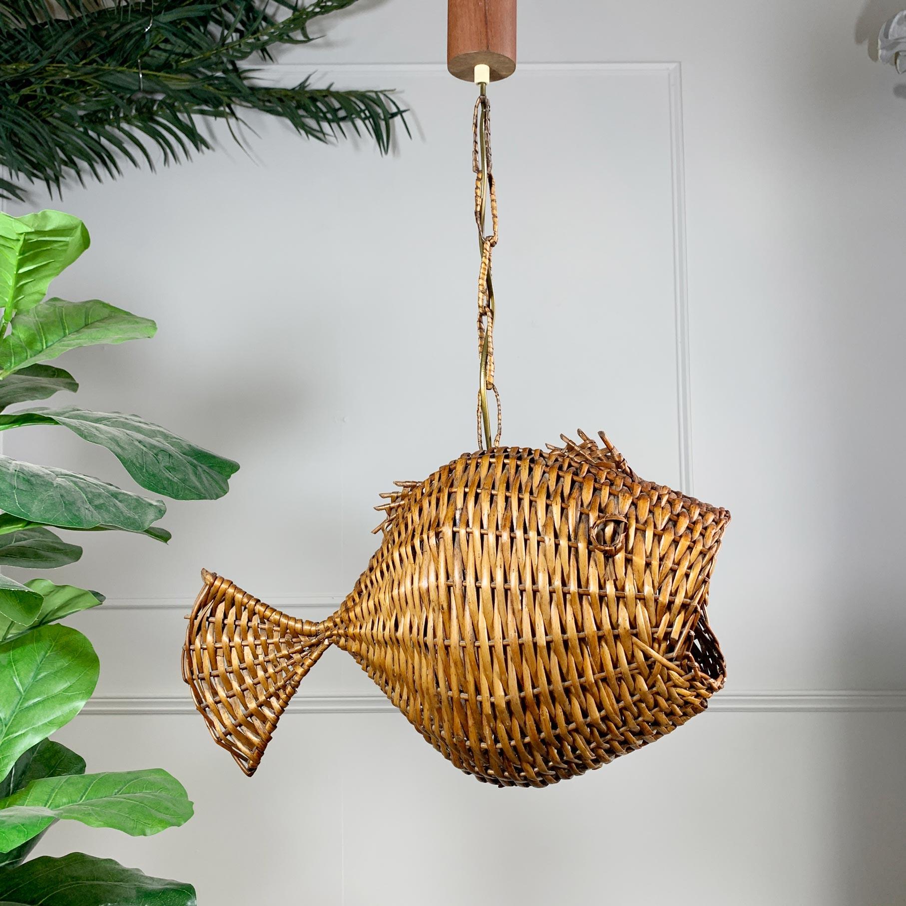 Exceptional and Rare Mid Century French Wicker Fish Ceiling Light 1