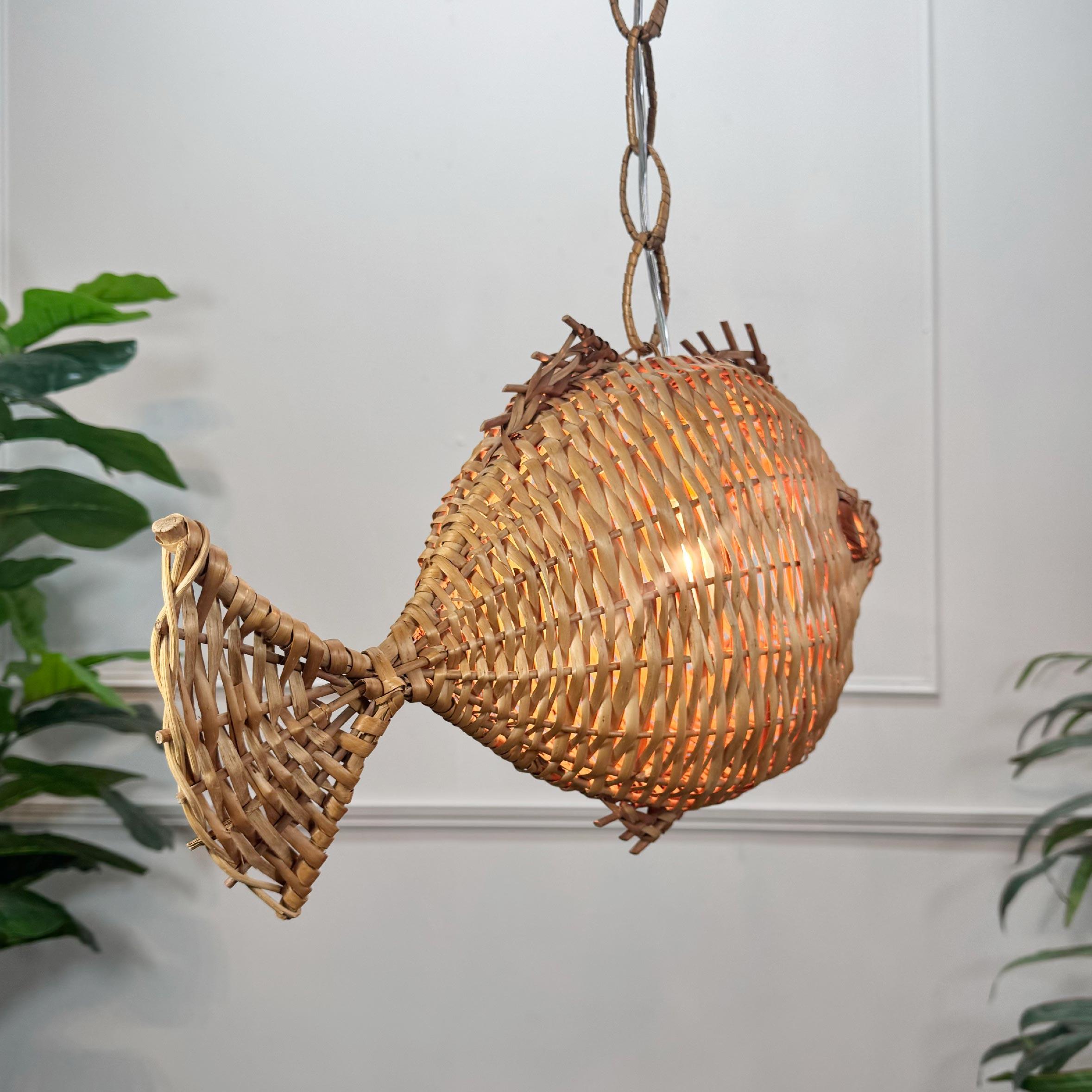 Exceptional and Rare Mid Century French Wicker Fish Ceiling Light 2