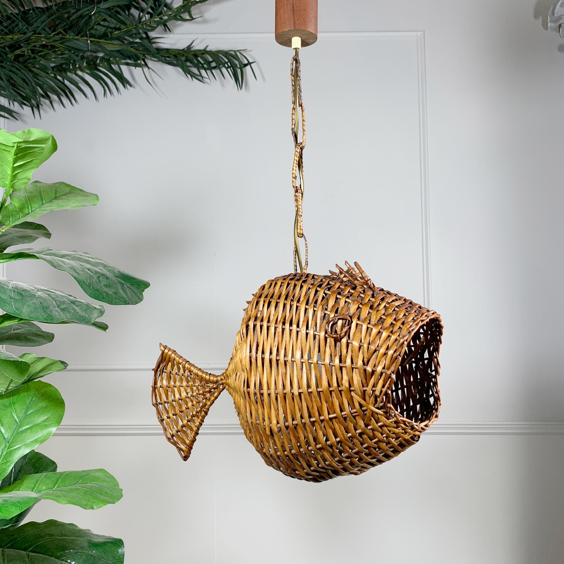 Exceptional and Rare Mid Century French Wicker Fish Ceiling Light 2