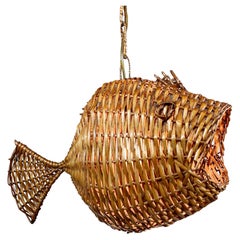 Exceptional and Rare Mid Century French Wicker Fish Ceiling Light