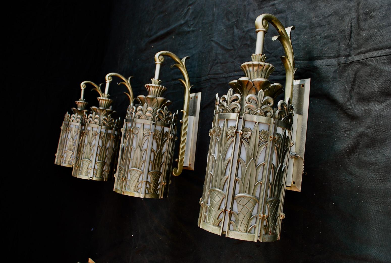 Exceptional and Very Rare Set of Four Large French Art Deco Bronze Sconces In Good Condition For Sale In Los Angeles, CA