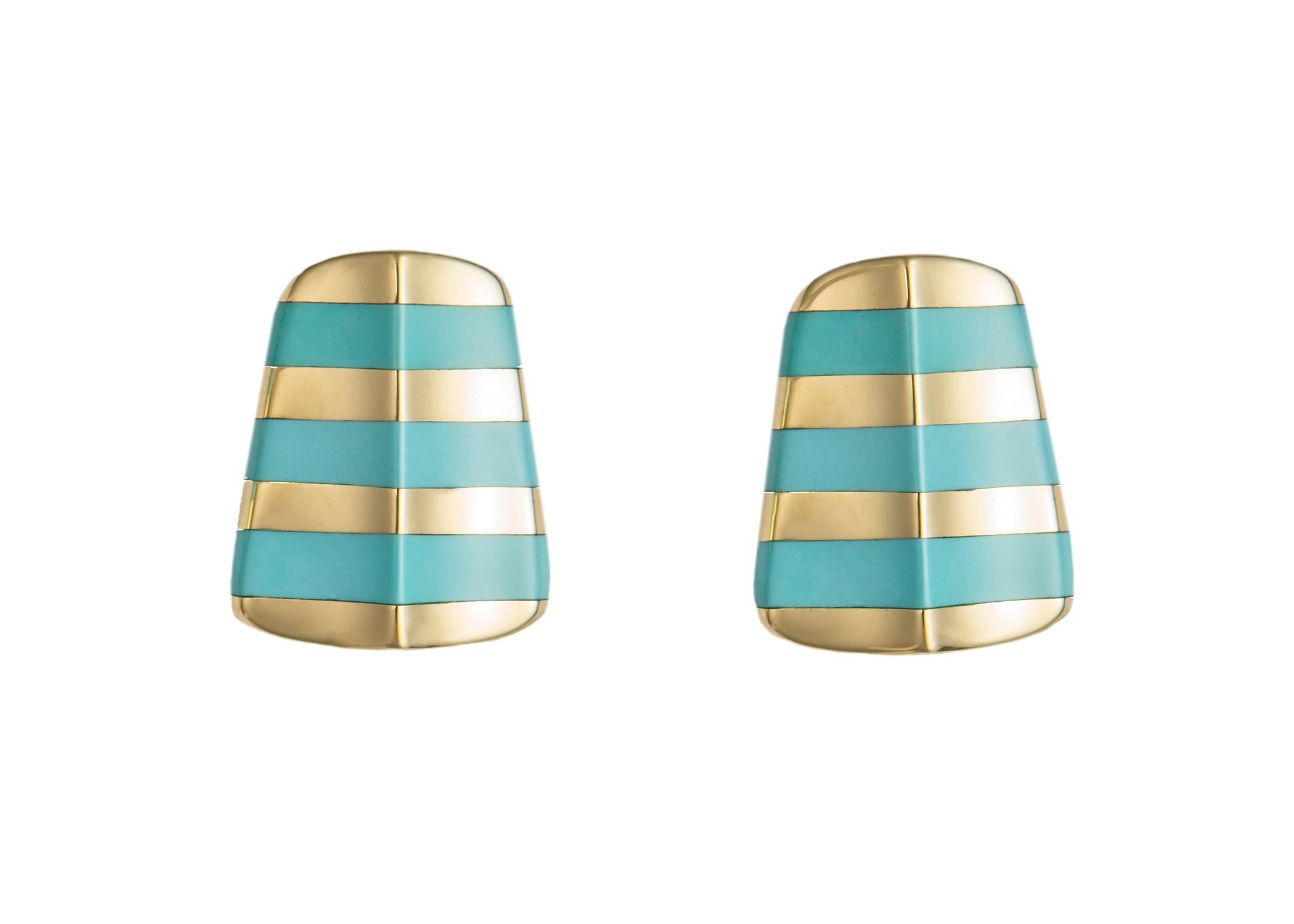 Angela Cummings began her career at Tiffany & Co. before starting her own highly successful company. Her unique designs are iconic and collectable. This banded turquoise and gold design is rare and highly prized. 