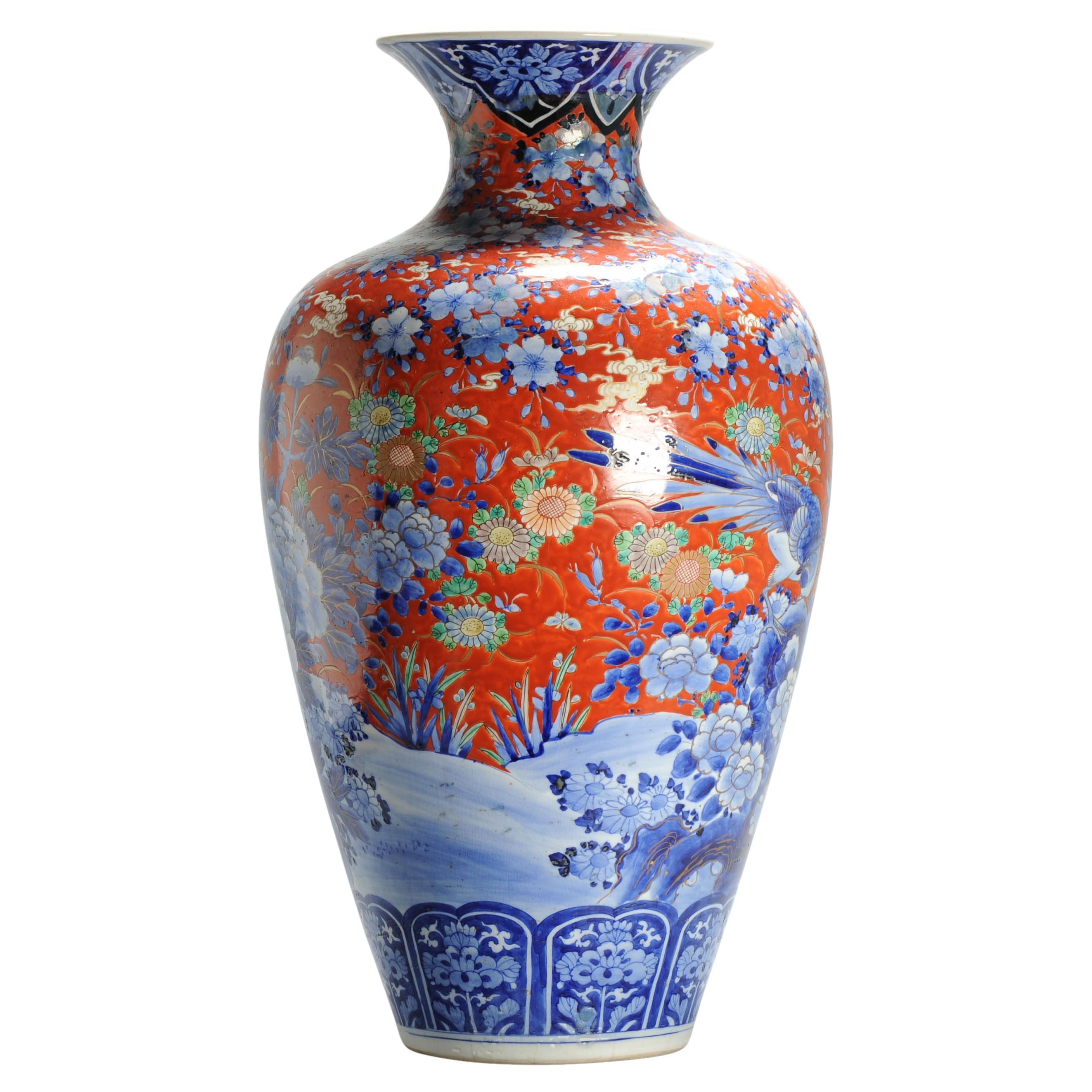 Exceptional Antique 19th c Japanese Porcelain Vase with Birds and Flowers. Red
