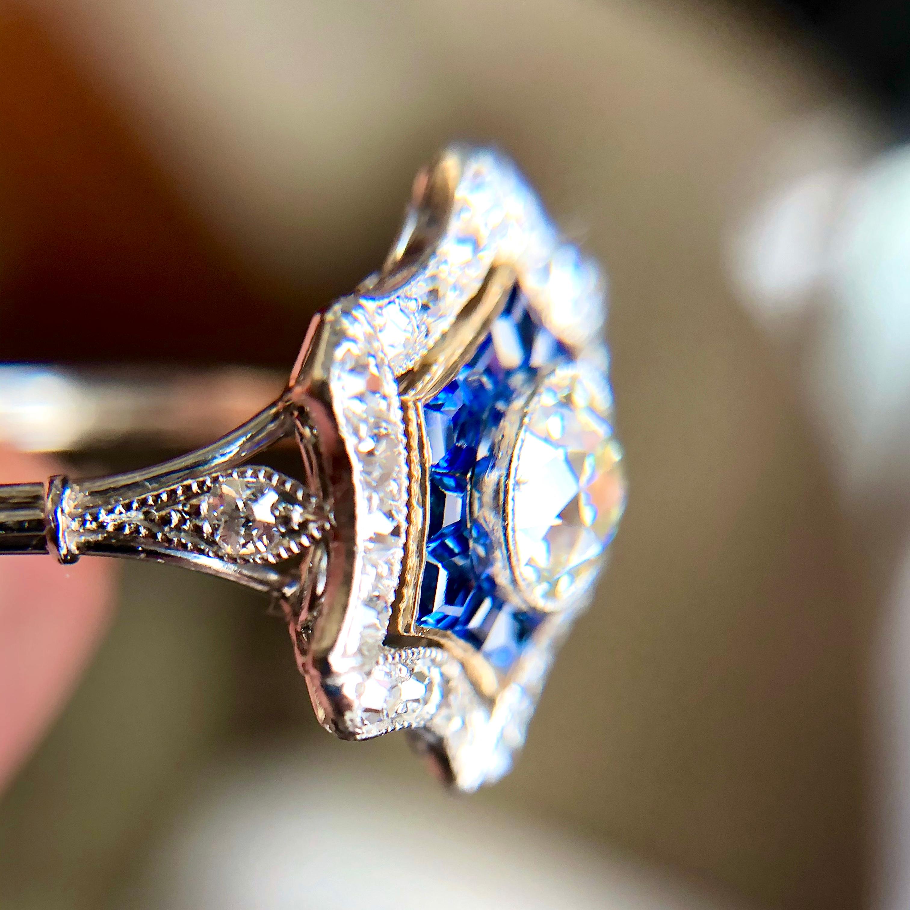 Old European Cut Art Deco Platinum Diamond and Sapphire Cluster Ring