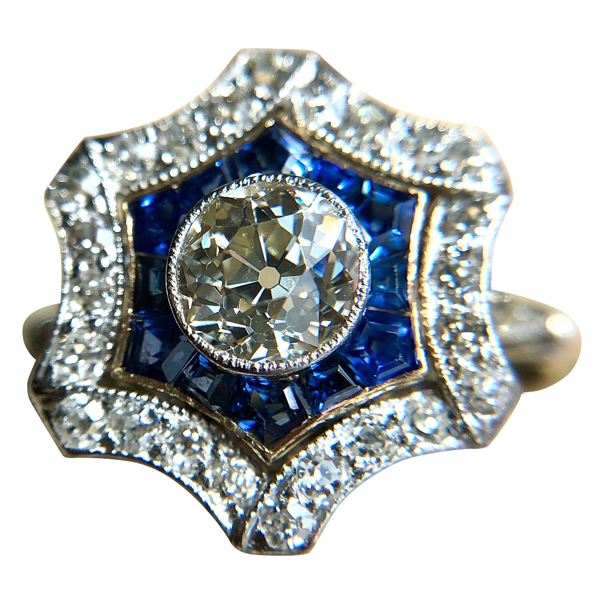 Art Deco Platinum Diamond and Sapphire Cluster Ring