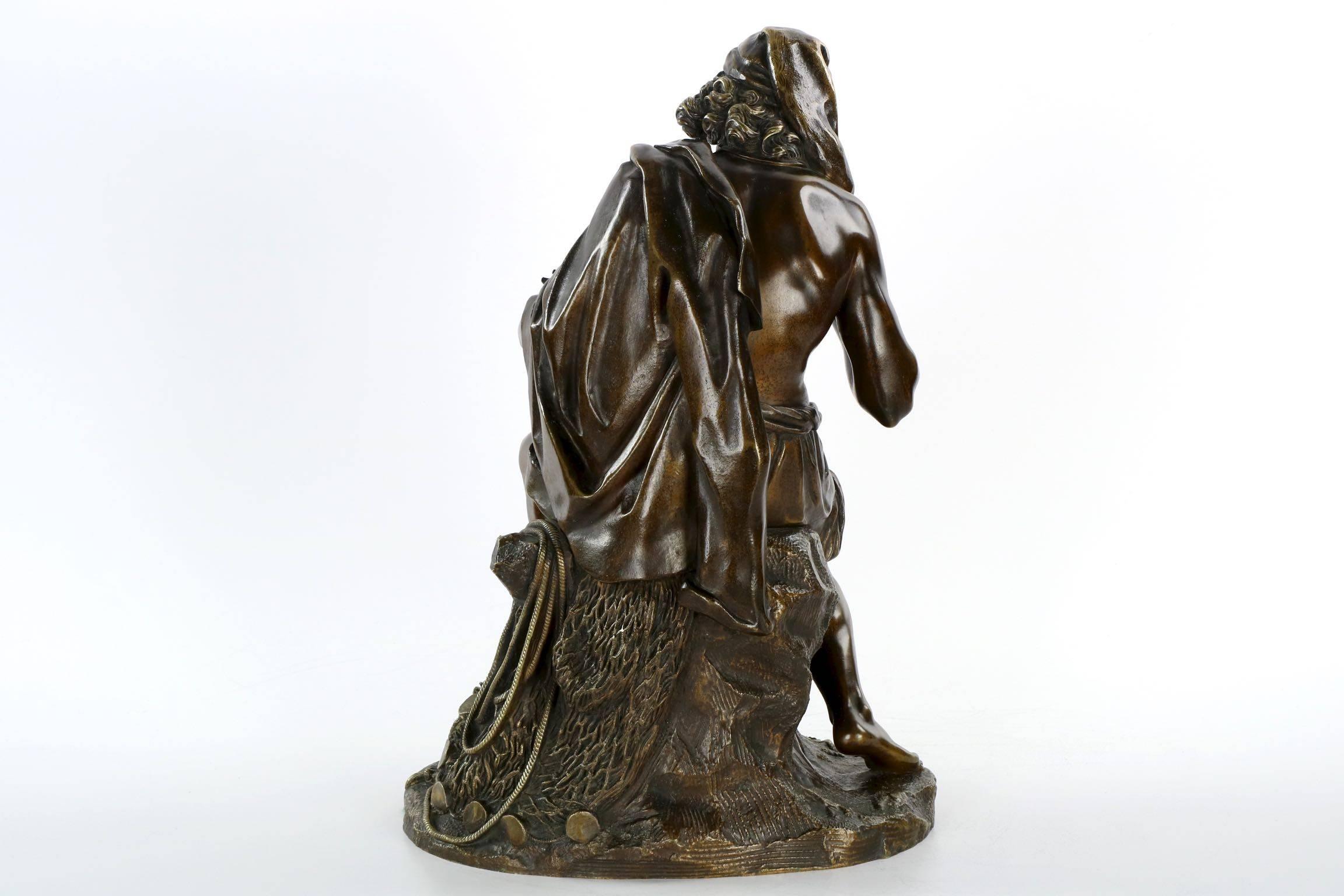 Romantic Exceptional Antique Bronze Sculpture of Fisherman and Son, 19th Century