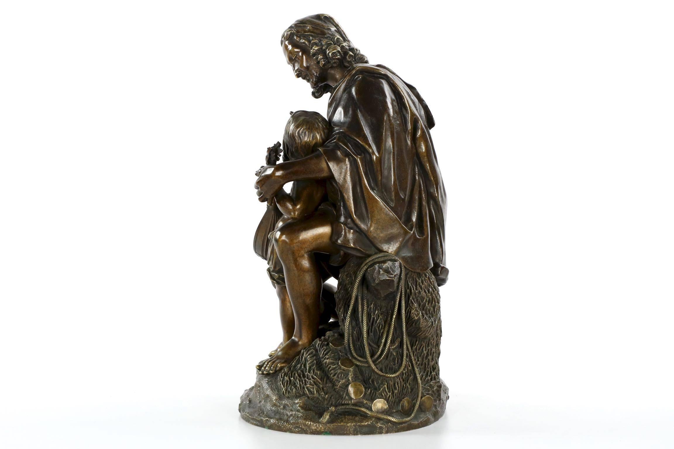 European Exceptional Antique Bronze Sculpture of Fisherman and Son, 19th Century