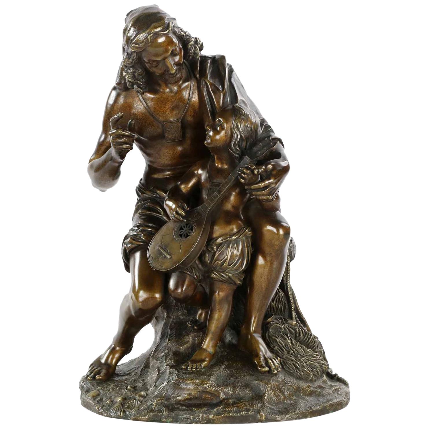 Exceptional Antique Bronze Sculpture of Fisherman and Son, 19th Century