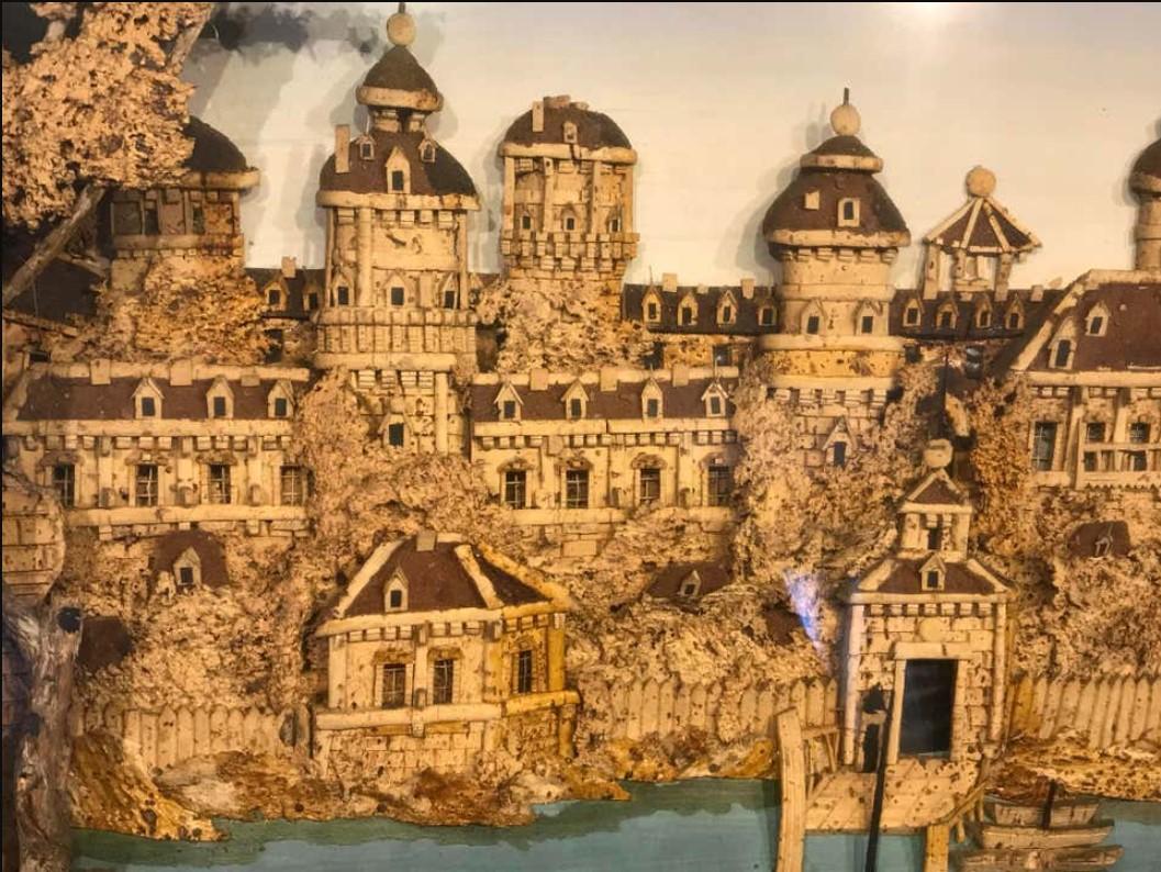 An exceptional large cork-work diorama of Gripsholm Castle.
Mid-19th century, circa 1850.
In remarkable condition.

This is a highly detailed antique cork picture of Gripsholm Castle in Sweden.
Bearing an old label stating:
''This remarkable