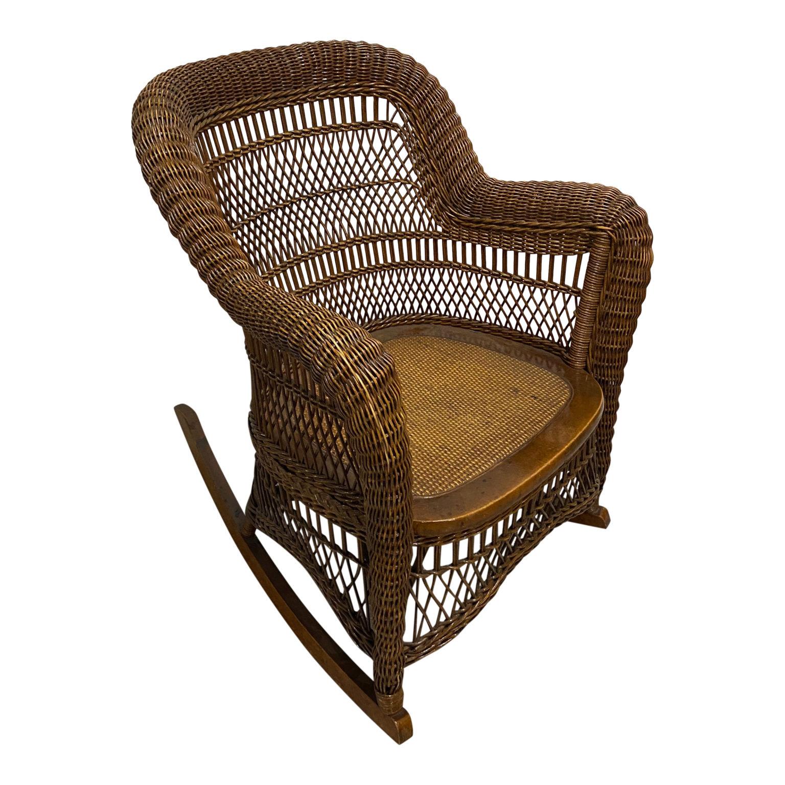 Exceptional Antique Dark Wicker Rocking Chair In Good Condition For Sale In Sag Harbor, NY