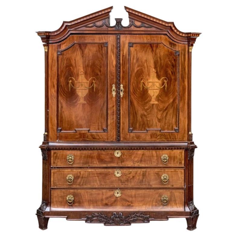 Exceptional Antique Dutch Inlaid Mahogany And Satinwood Linen Press For Sale