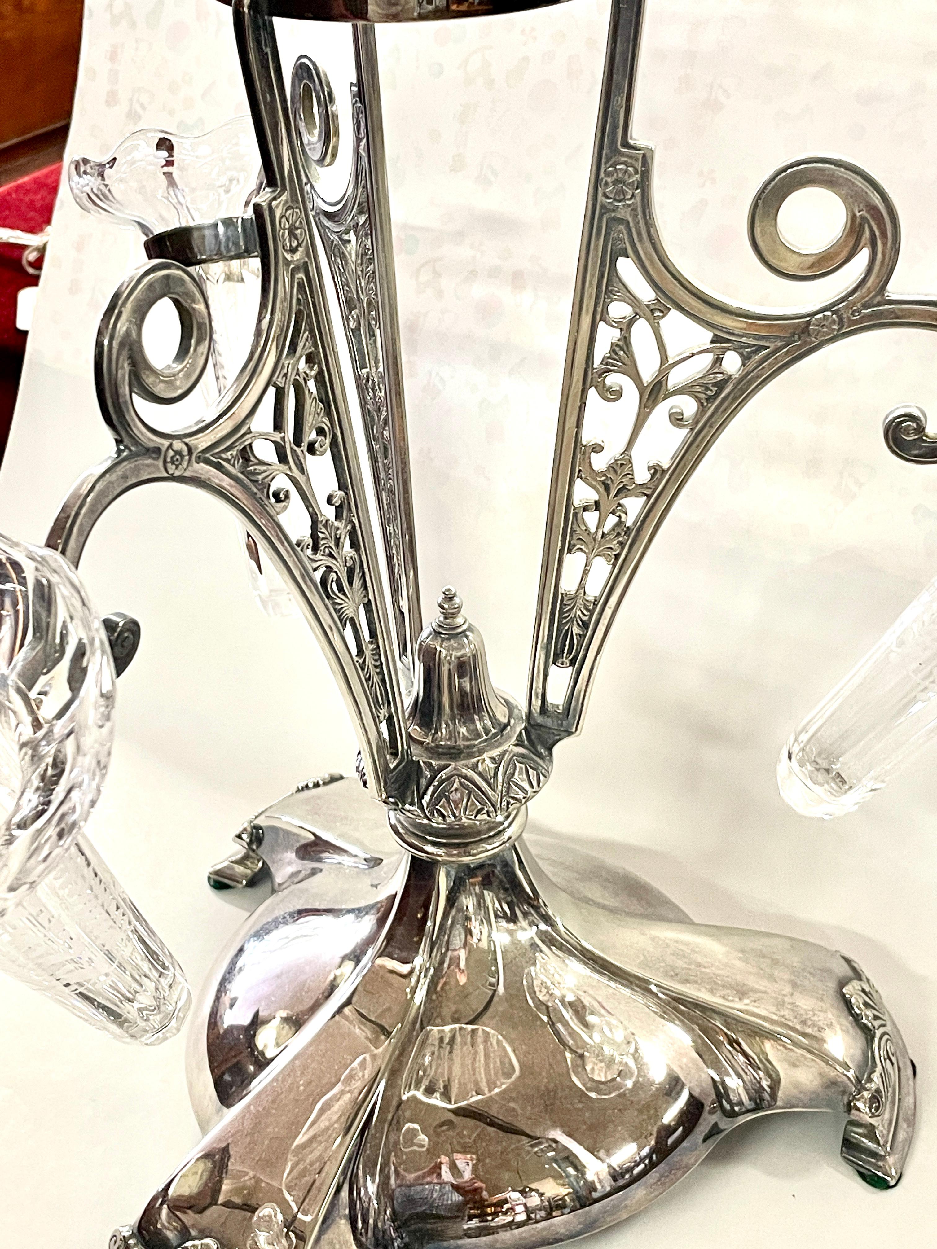 Exceptional Antique English W & H Silverplate and Hand Engraved Crystal Epergne For Sale 2