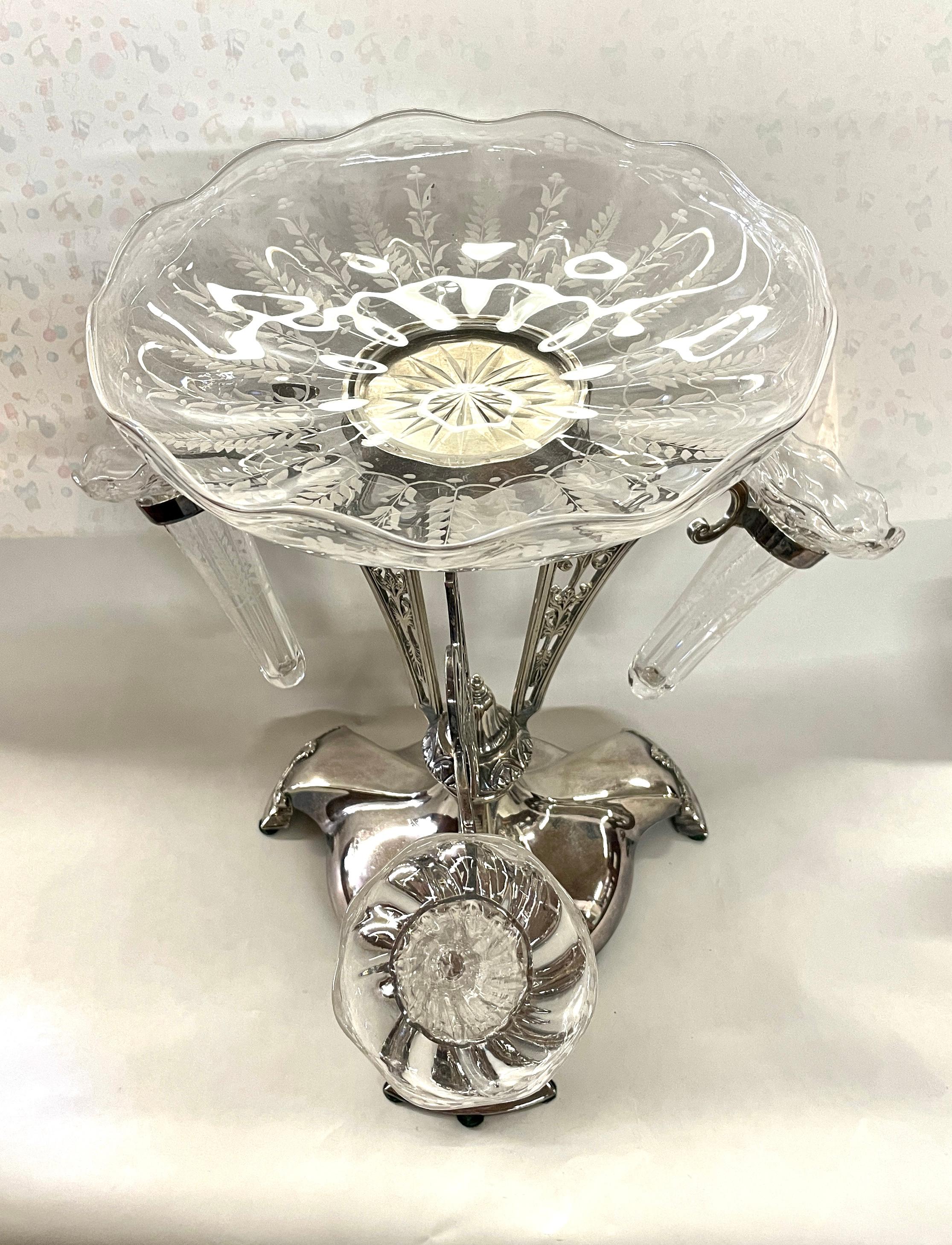 Exceptional Antique English W & H Silverplate and Hand Engraved Crystal Epergne For Sale 3