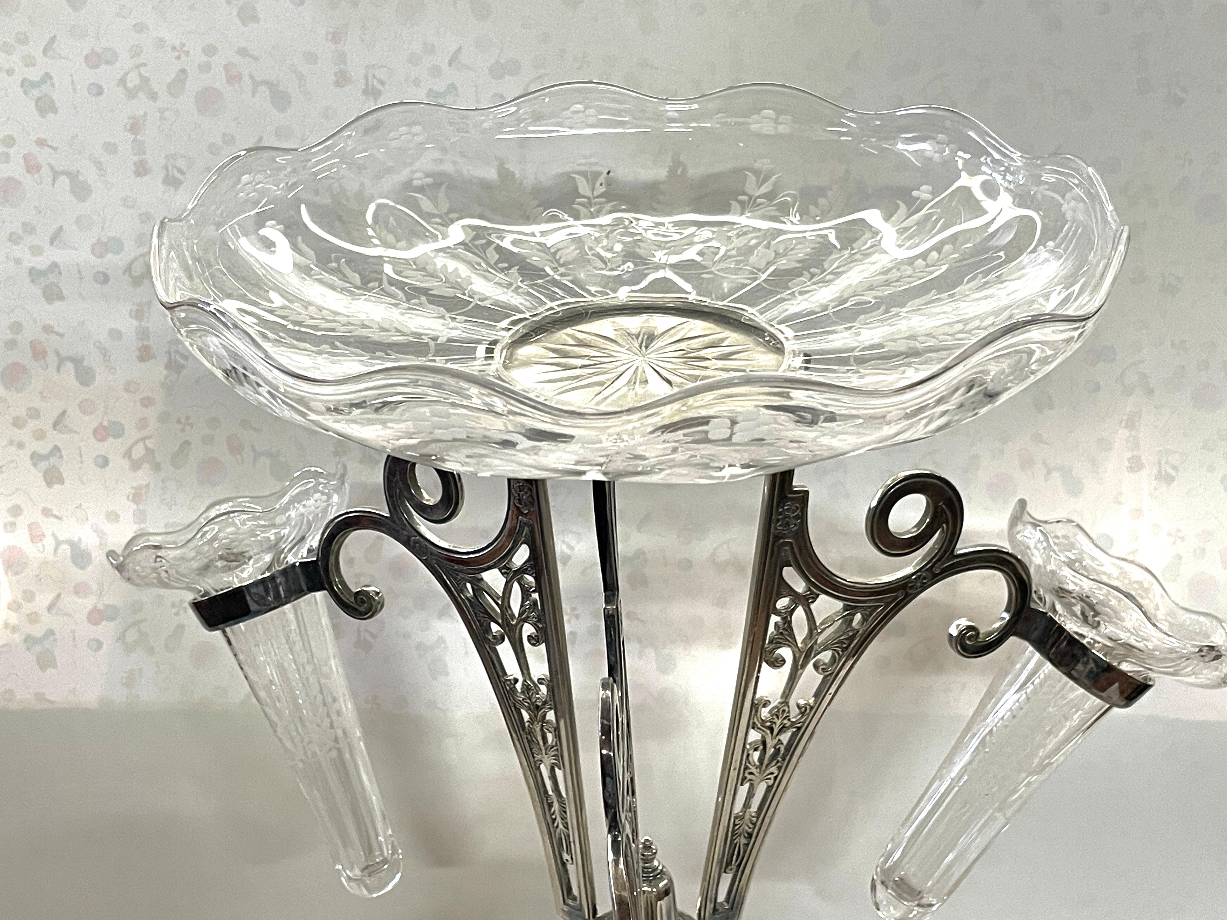 19th Century Exceptional Antique English W & H Silverplate and Hand Engraved Crystal Epergne For Sale