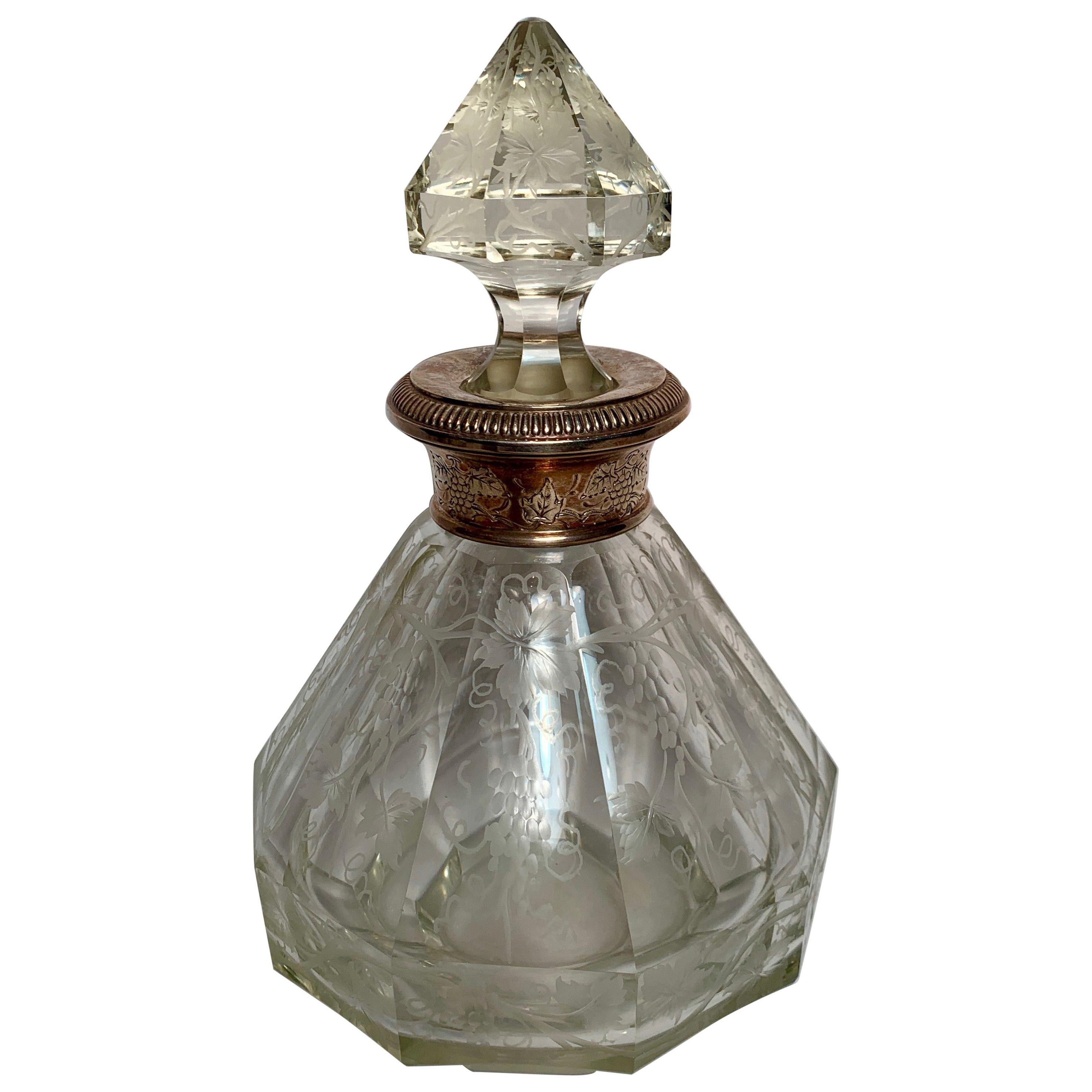 Exceptional Antique Etched Crystal Decanter with Silver Collar, circa