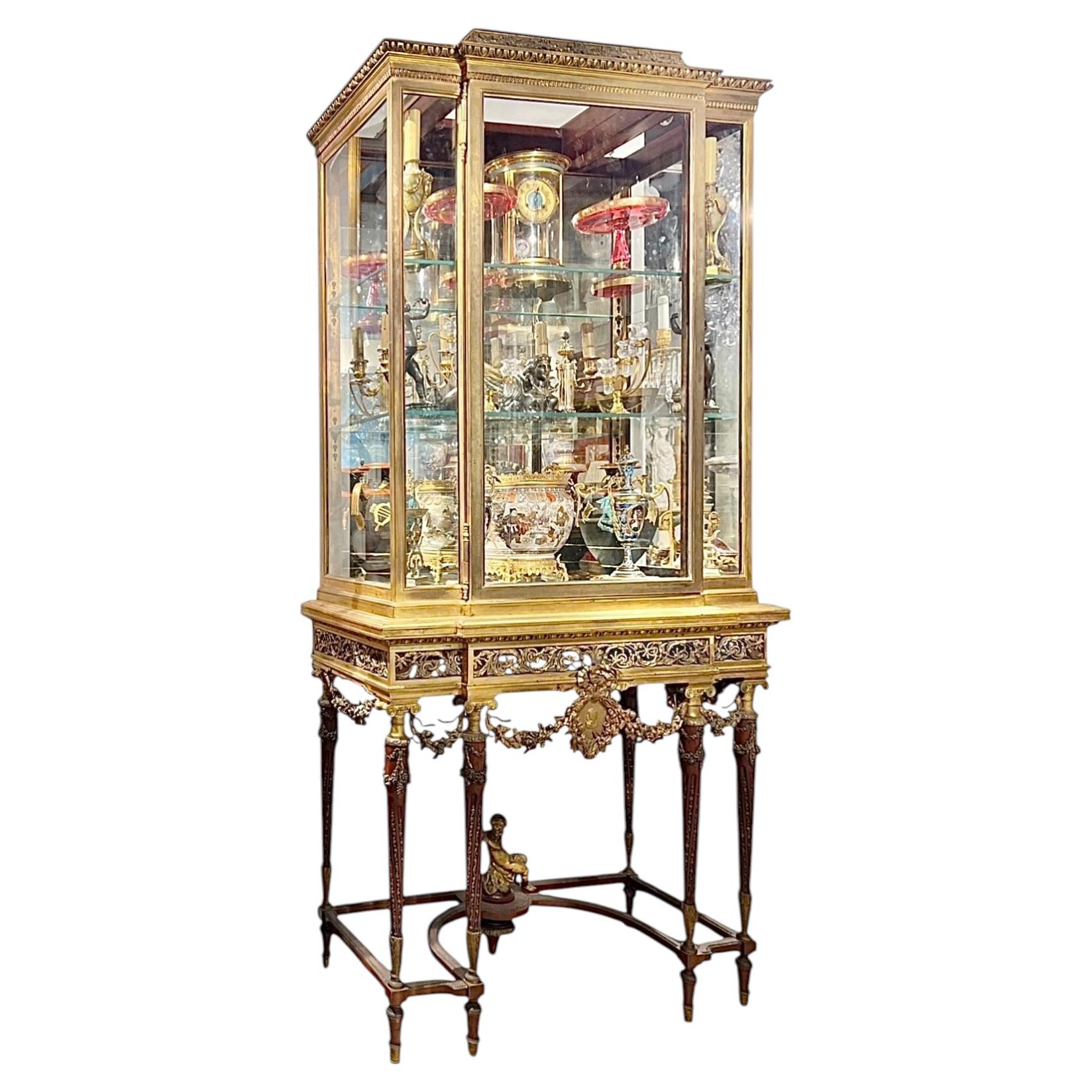 Exceptional Antique French Louis XVI Style Bronze Vitrine on Stand