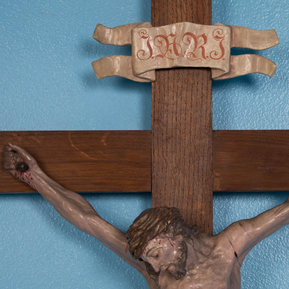 19th Century Exceptional Antique Hand-Carved and Painted Crucifix