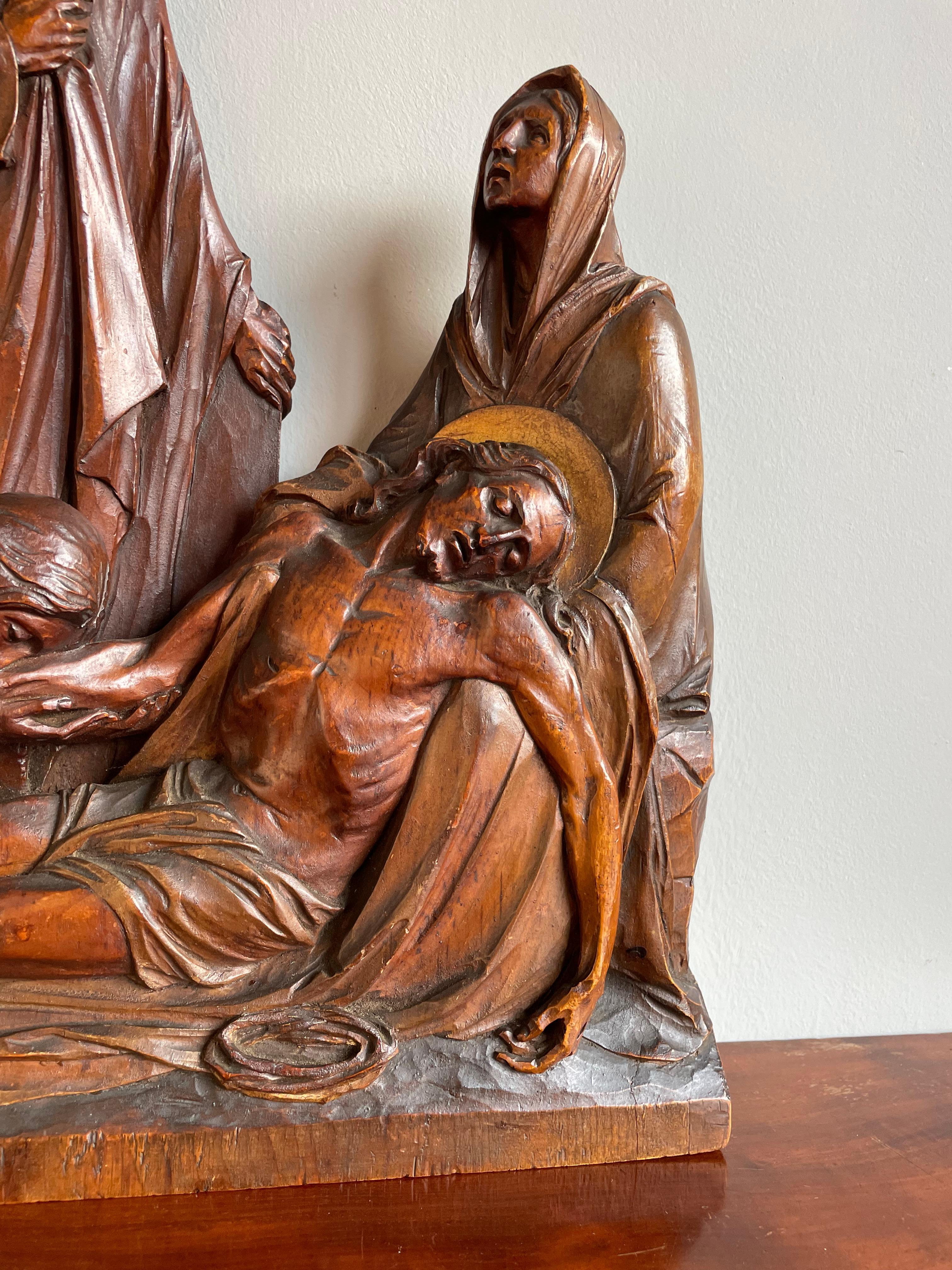 Exceptional Antique Hand Carved Church Sculpture of the Pieta with Christ & Mary For Sale 1