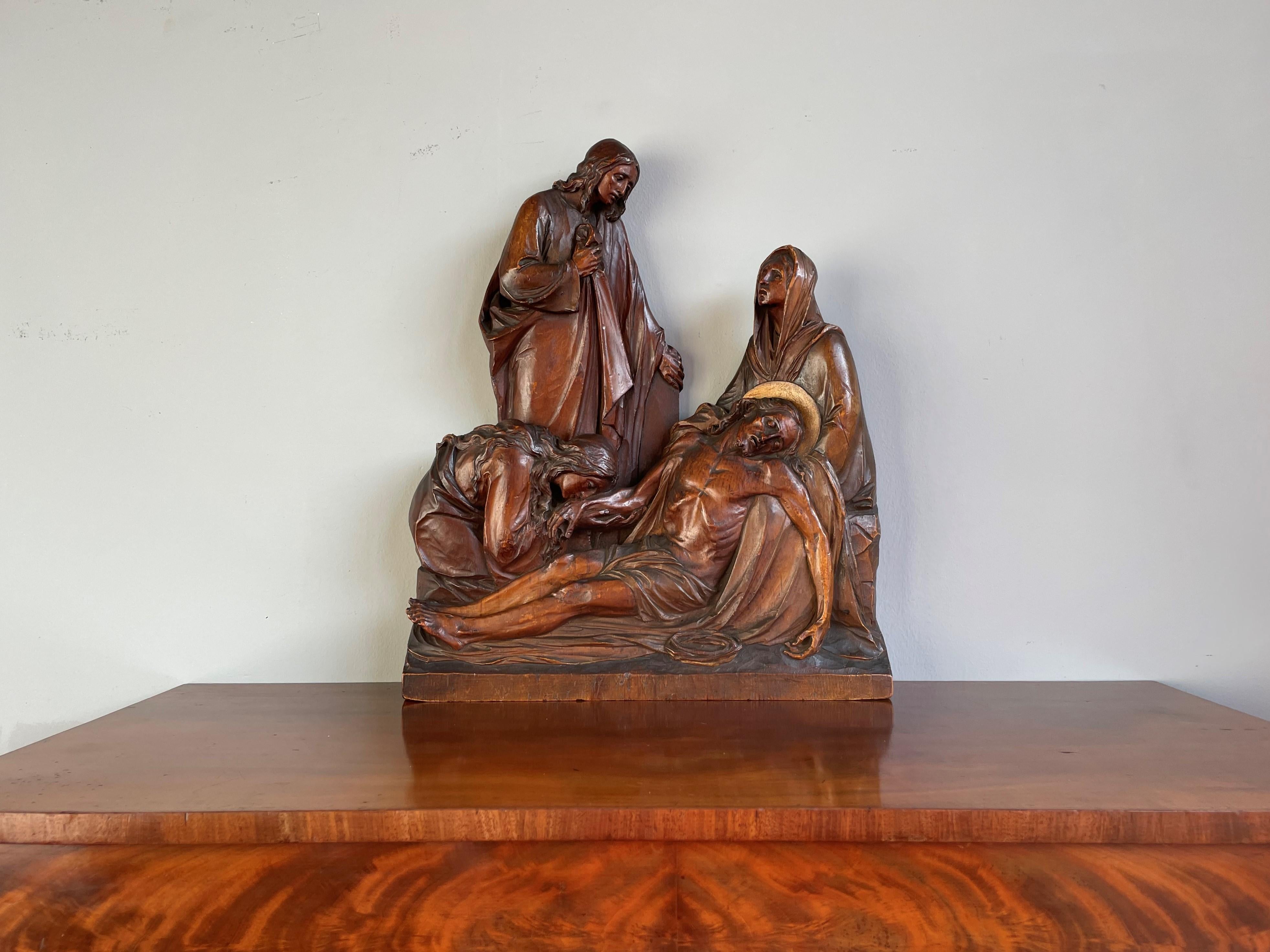 Exceptional Antique Hand Carved Church Sculpture of the Pieta with Christ & Mary For Sale 2