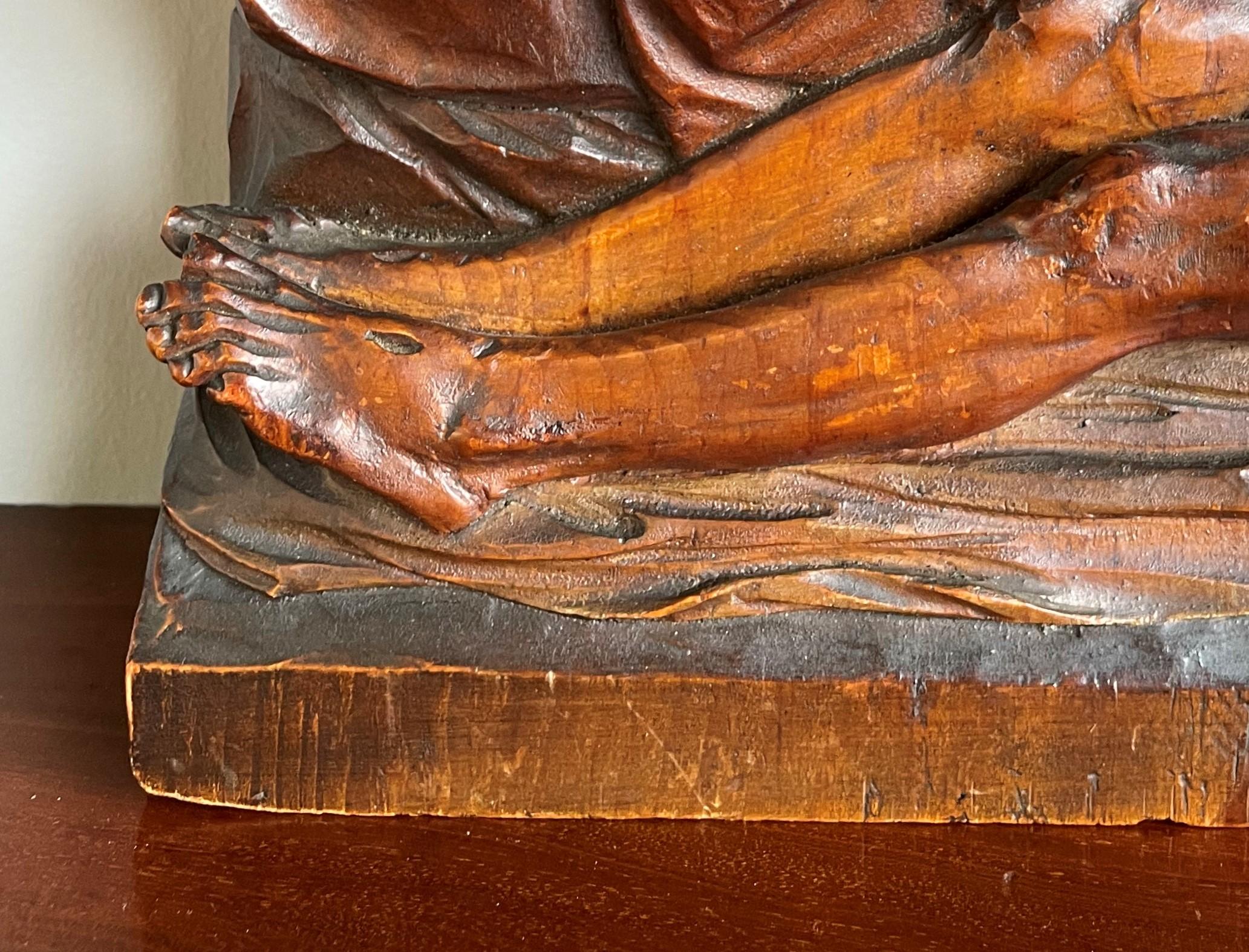 Exceptional Antique Hand Carved Church Sculpture of the Pieta with Christ & Mary For Sale 5