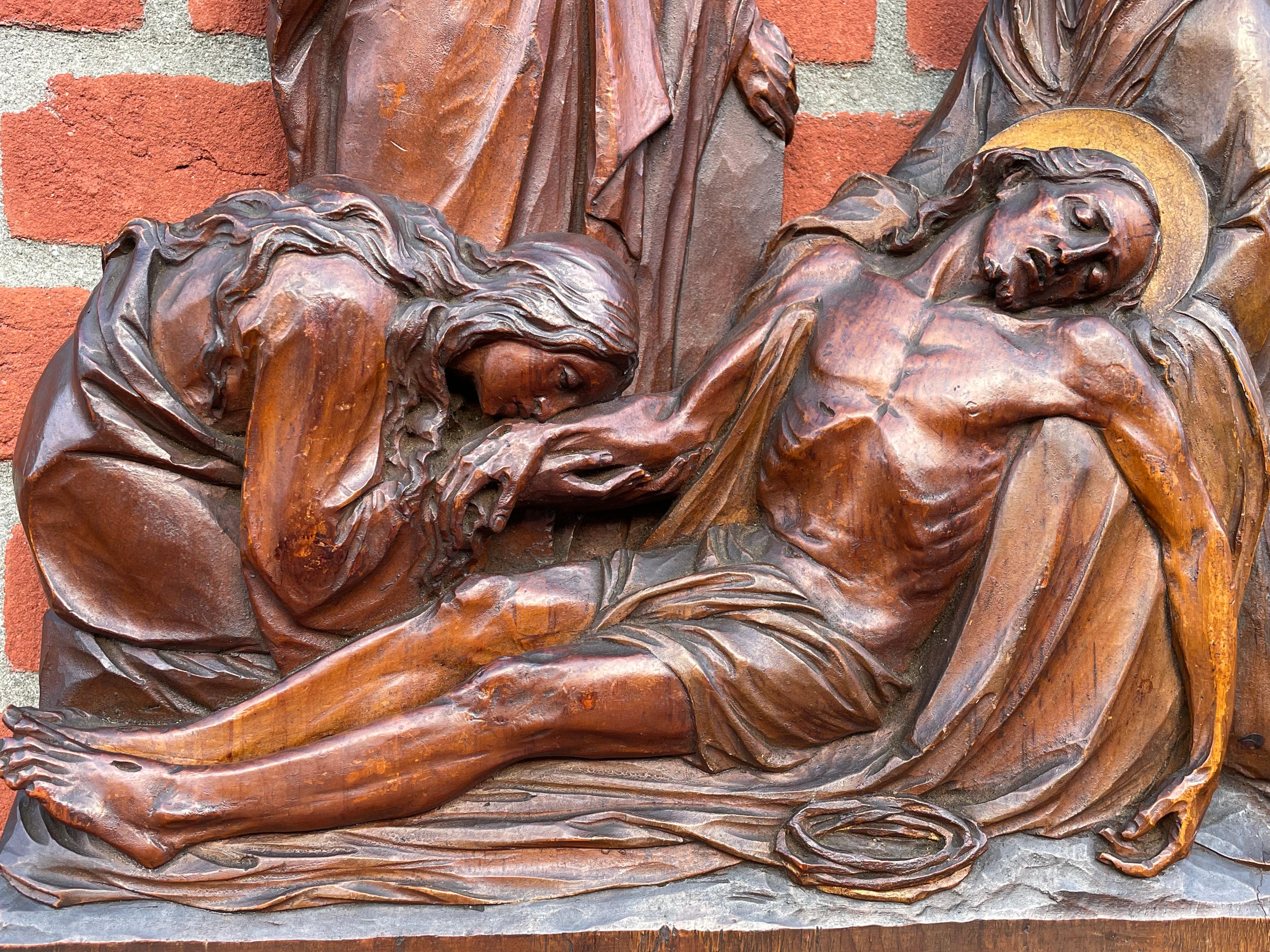 Exceptional Antique Hand Carved Church Sculpture of the Pieta with Christ & Mary For Sale 4