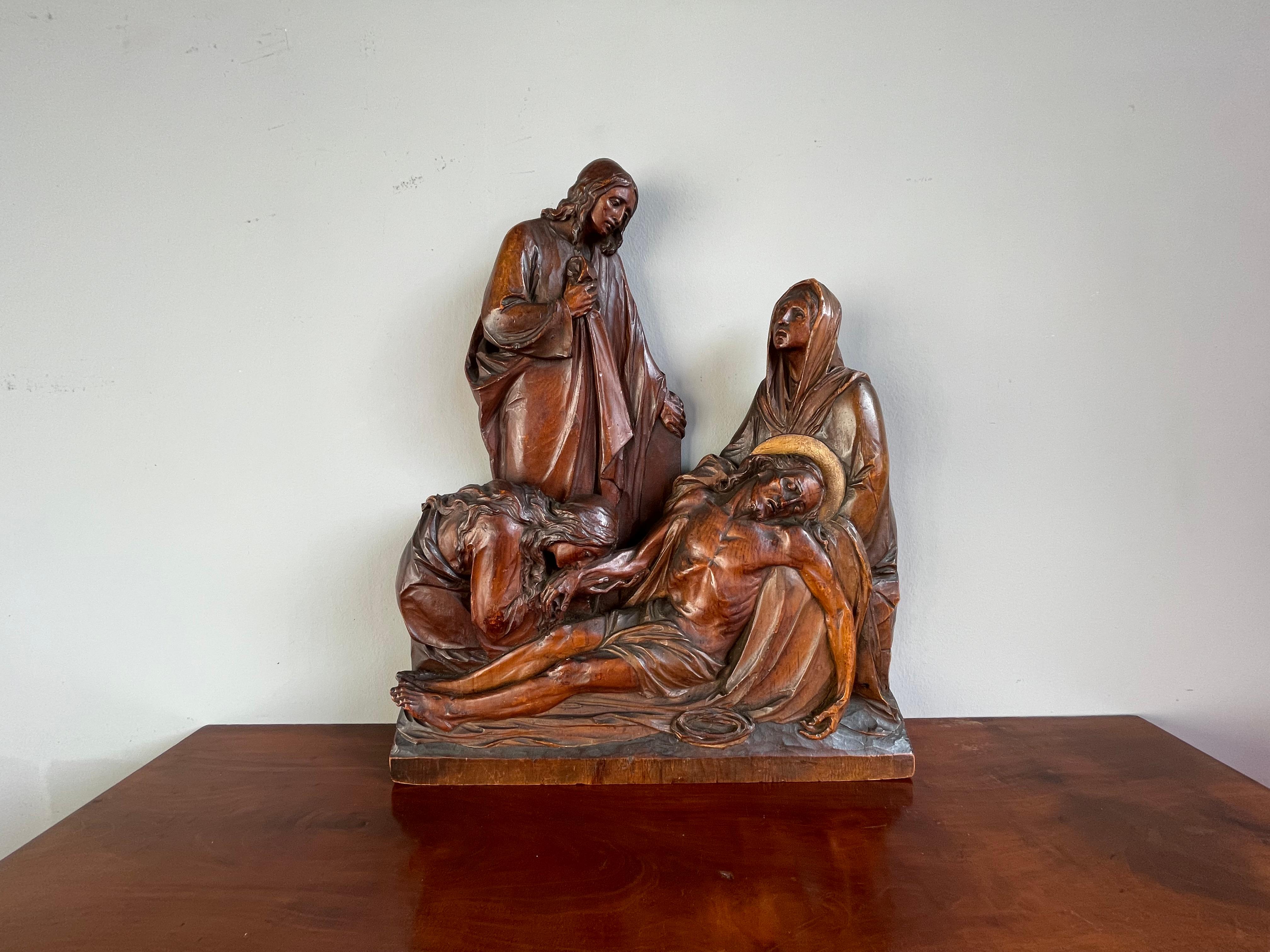 Exceptional Antique Hand Carved Church Sculpture of the Pieta with Christ & Mary For Sale 7