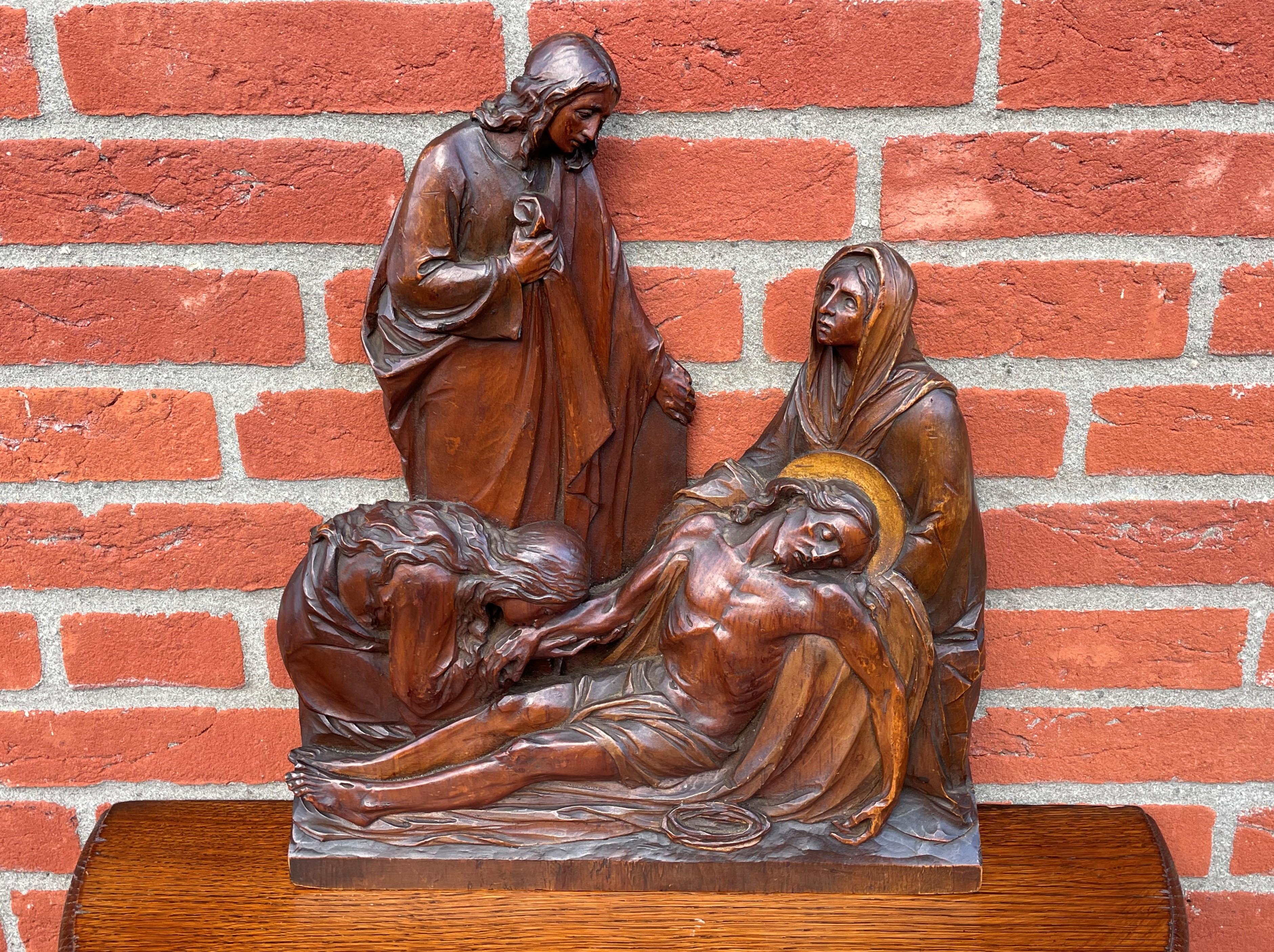 Exceptional Antique Hand Carved Church Sculpture of the Pieta with Christ & Mary For Sale 8