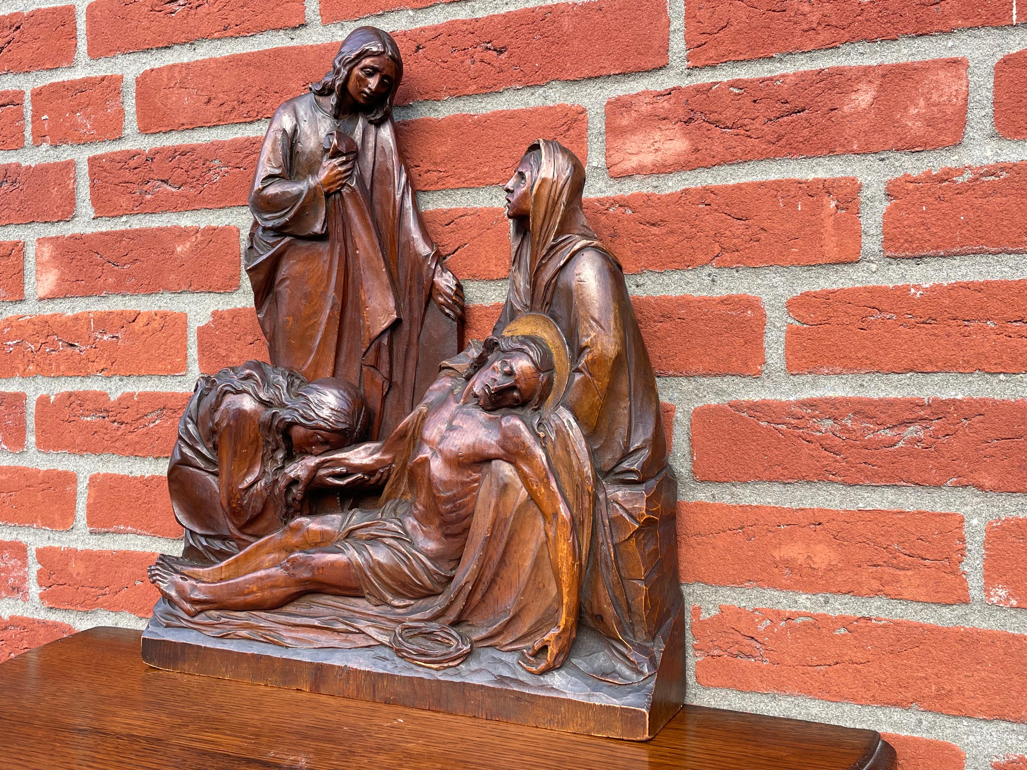 Exceptional Antique Hand Carved Church Sculpture of the Pieta with Christ & Mary For Sale 11