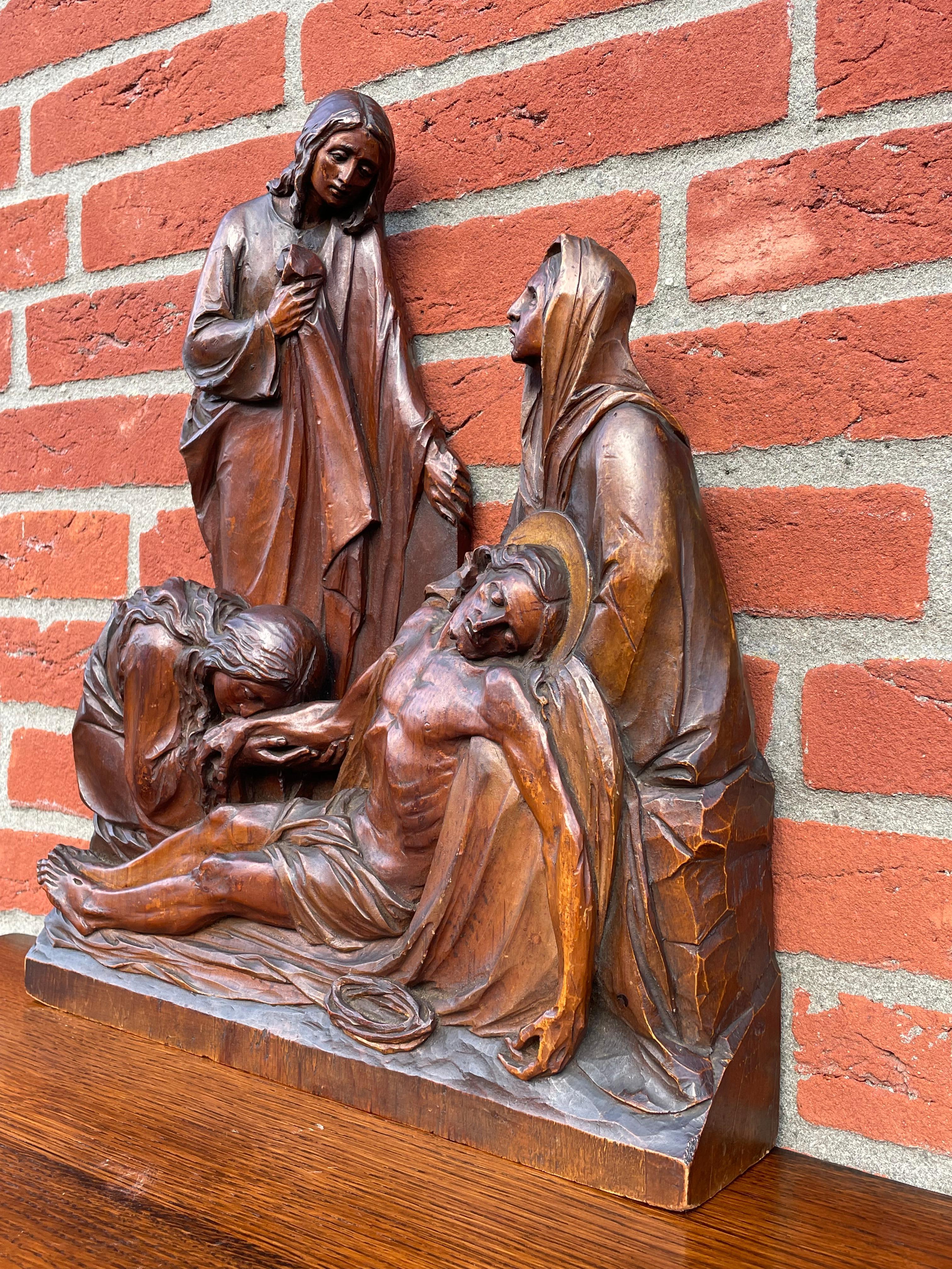 Renaissance Revival Exceptional Antique Hand Carved Church Sculpture of the Pieta with Christ & Mary For Sale