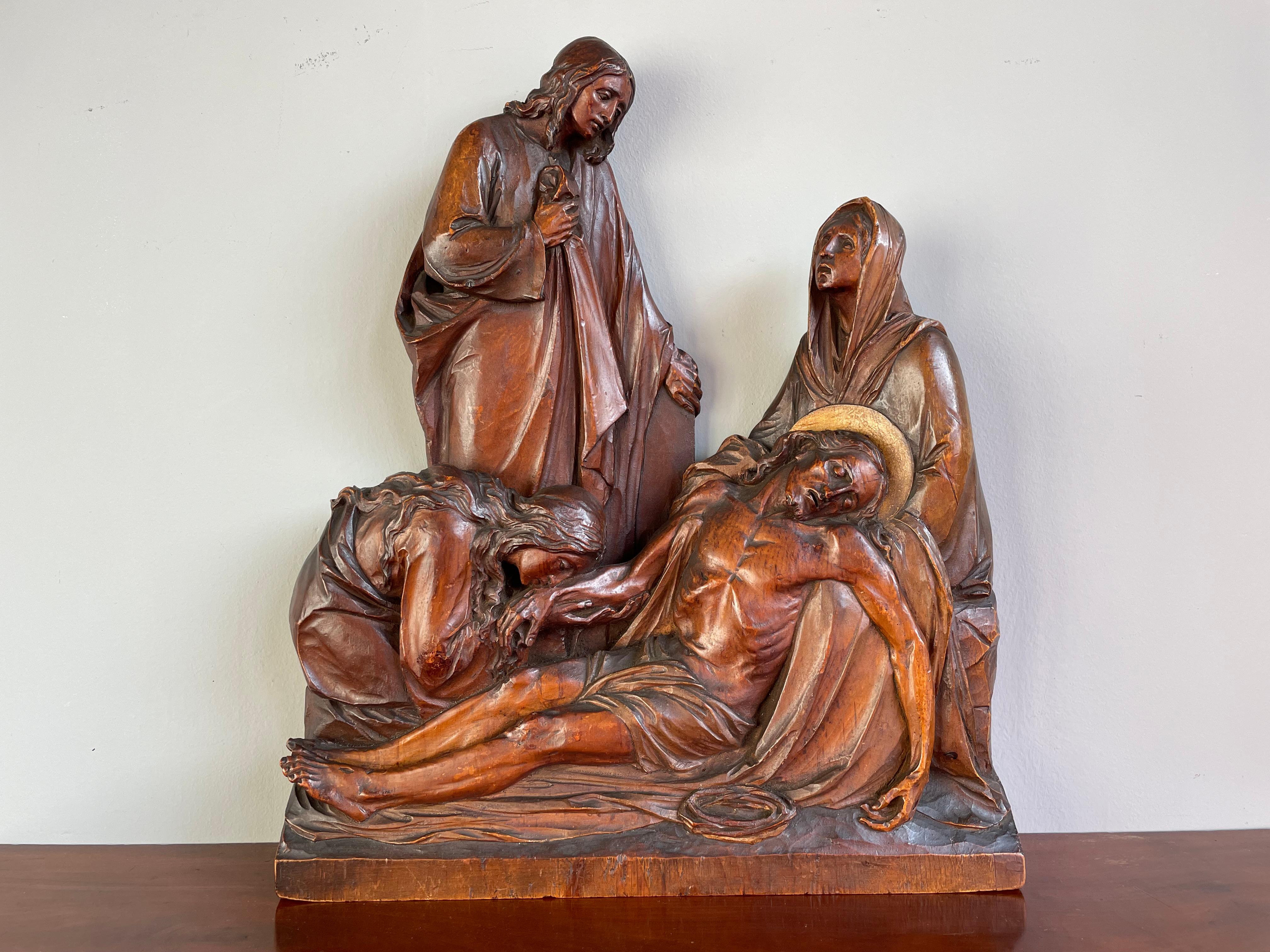 19th Century Exceptional Antique Hand Carved Church Sculpture of the Pieta with Christ & Mary For Sale